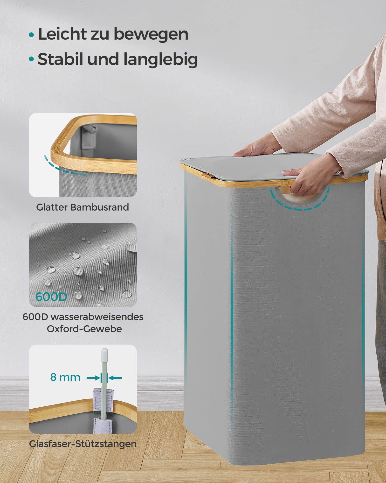 Wäschekorb 3 Fächer mit Griffen aus Bambus taubengrau