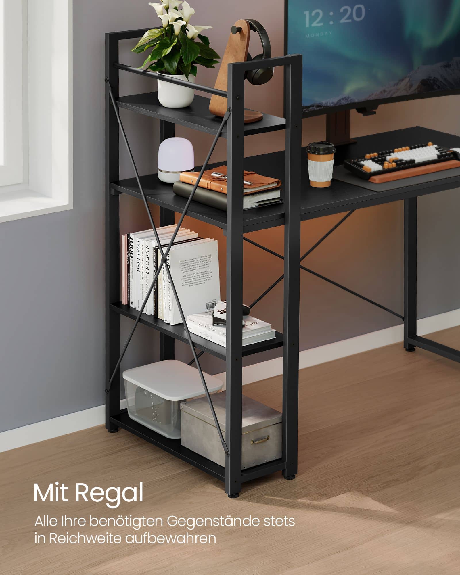 Computertisch mit Regalböden einfacher Aufbau ebenholzschwarz Computertisch mit Regalböden einfacher Aufbau ebenholzschwarz