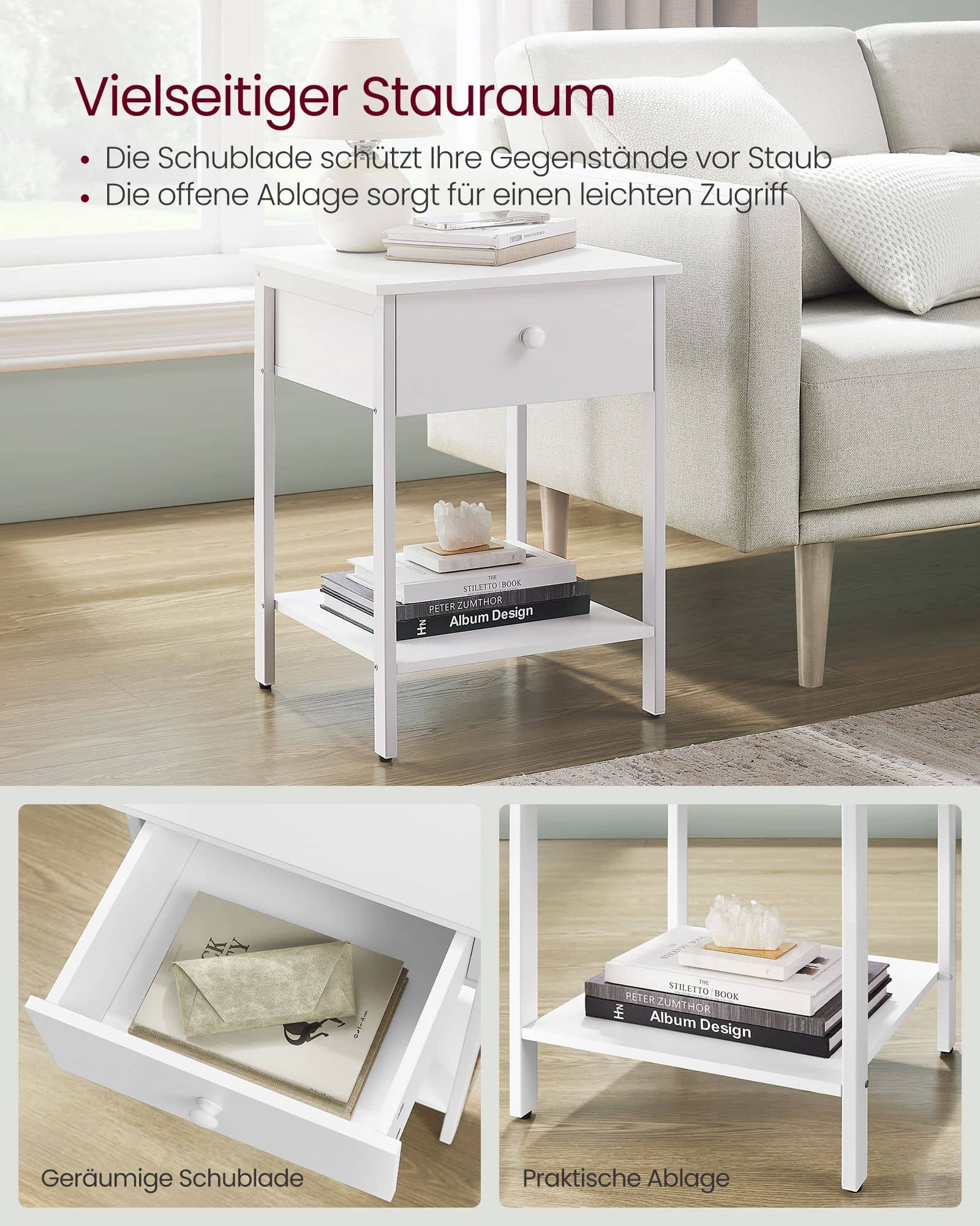 Nachtkommode mit Stahlrahmen und einfachem Aufbau Nachtkommode mit Stahlrahmen und einfachem Aufbau