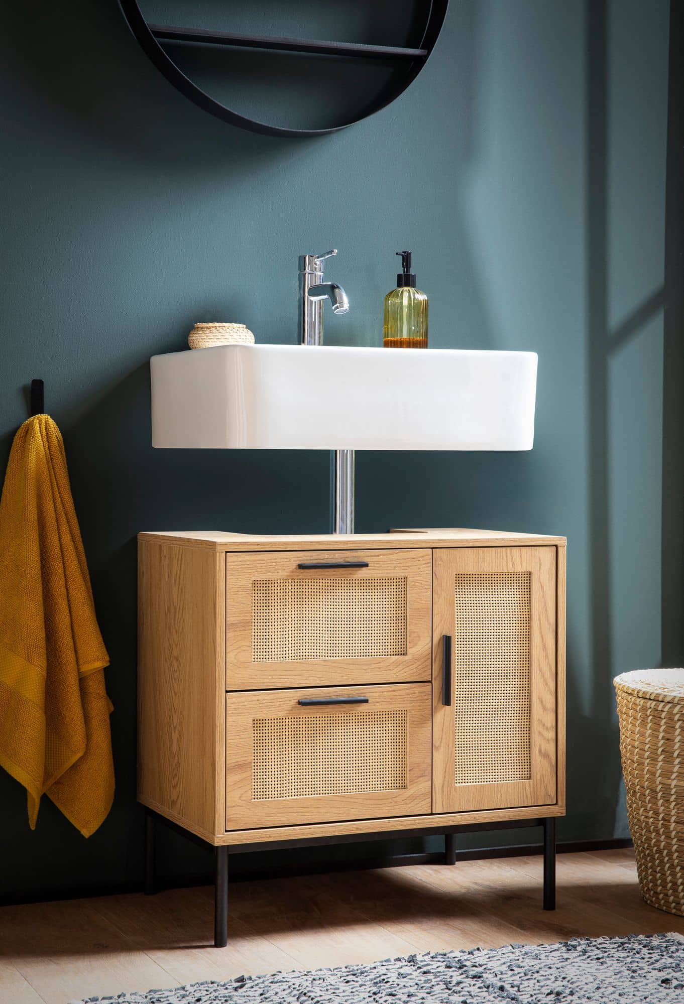 Waschbeckenunterschrank Eiche-Optik 60x60x40 cm mit Tür und Schubladen Waschbeckenunterschrank Eiche-Optik 60x60x40 cm mit Tür und Schubladen