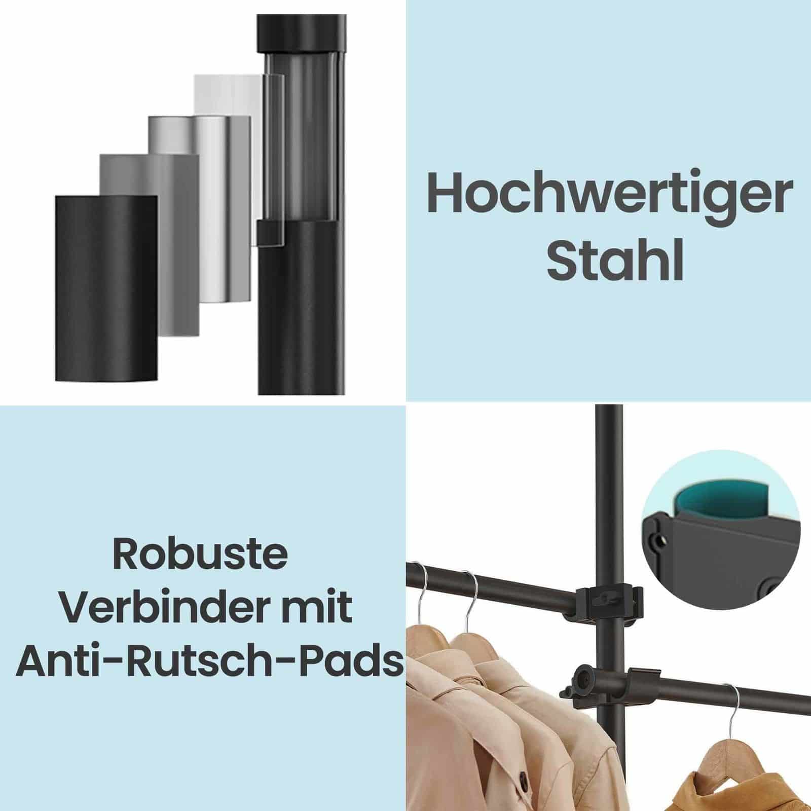 3-stufiger Kleiderständer, höhen- und breitenverstellbar, offene Garderobe mit 2 Kleiderstangen und 1 Ablage 3-stufiger Kleiderständer, höhen- und breitenverstellbar, offene Garderobe mit 2 Kleiderstangen und 1 Ablage