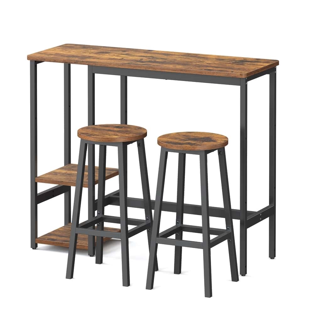 Bartisch-Set mit Regal, Essgruppe mit 2 Hockern, Metallgestell