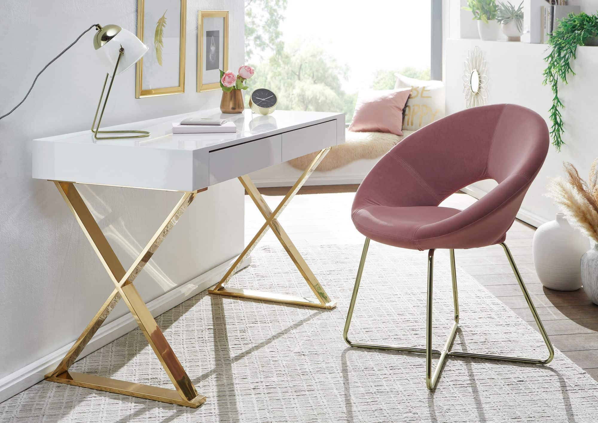 57604-Wohnling-Schreibtisch-Hochglanz-mit-goldenen-Beinen-118x76x57-cm-WL6-314-WL6-314_2 Schreibtisch 118x76x57 cm Holz Hochglanz Weiß Metallbeine Golden