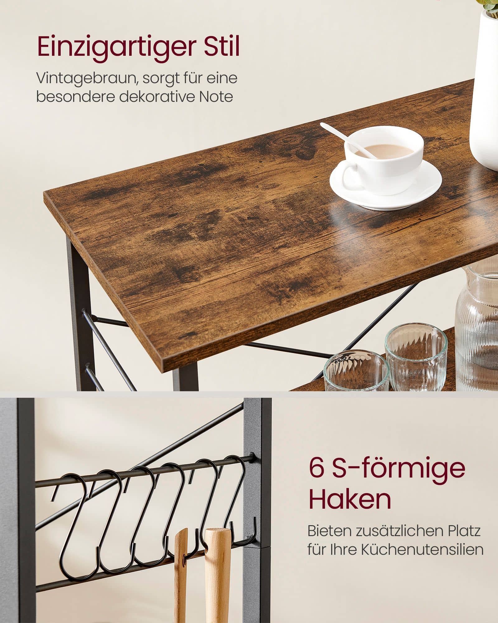 VASAGLE Küchenregal 3 Ebenen mit Rollen Vintagebraun VASAGLE Küchenregal 3 Ebenen mit Rollen Vintagebraun