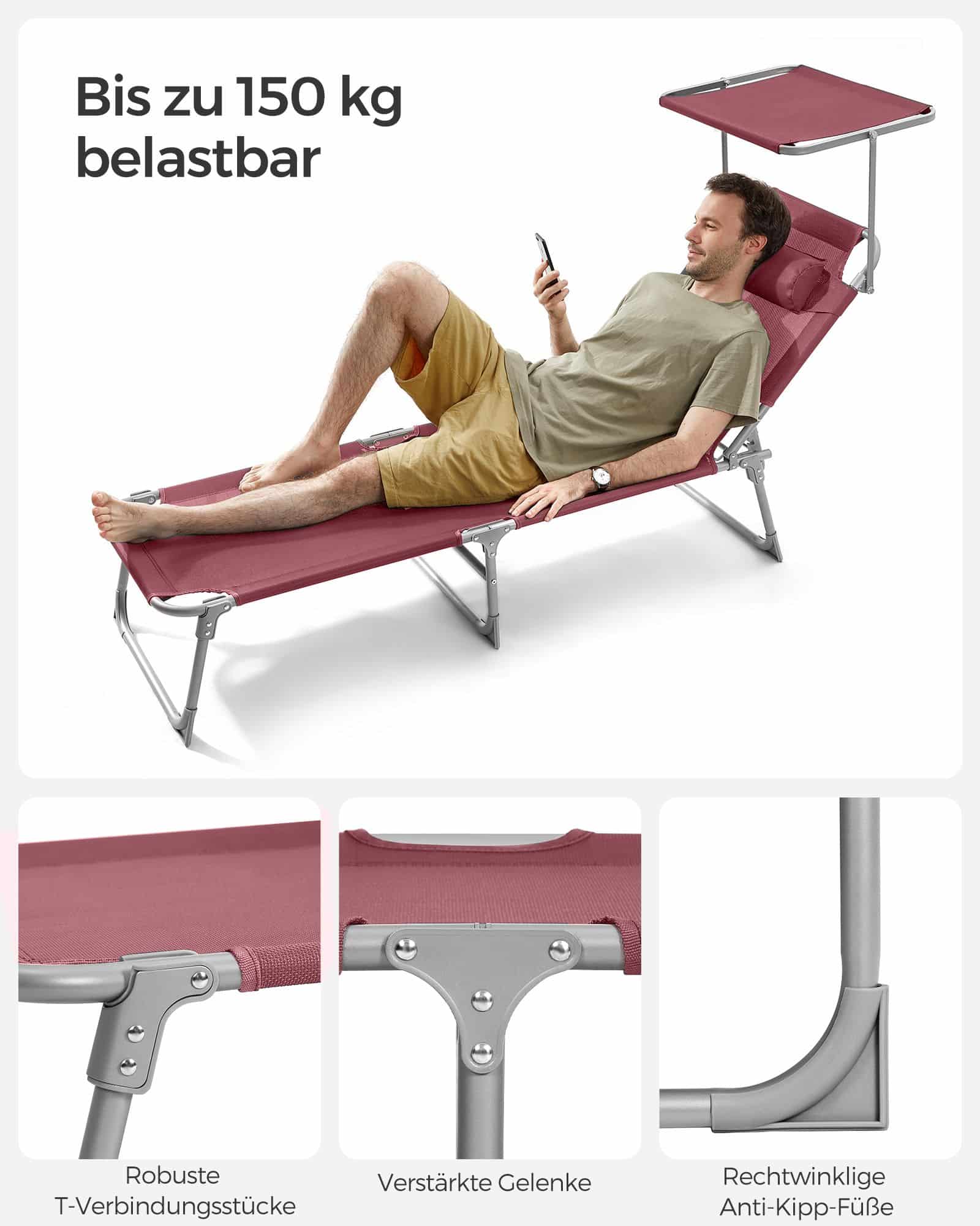 klappbarer Liegestuhl mit Sonnenschutz und Kopfstütze klappbarer Liegestuhl mit Sonnenschutz und Kopfstütze