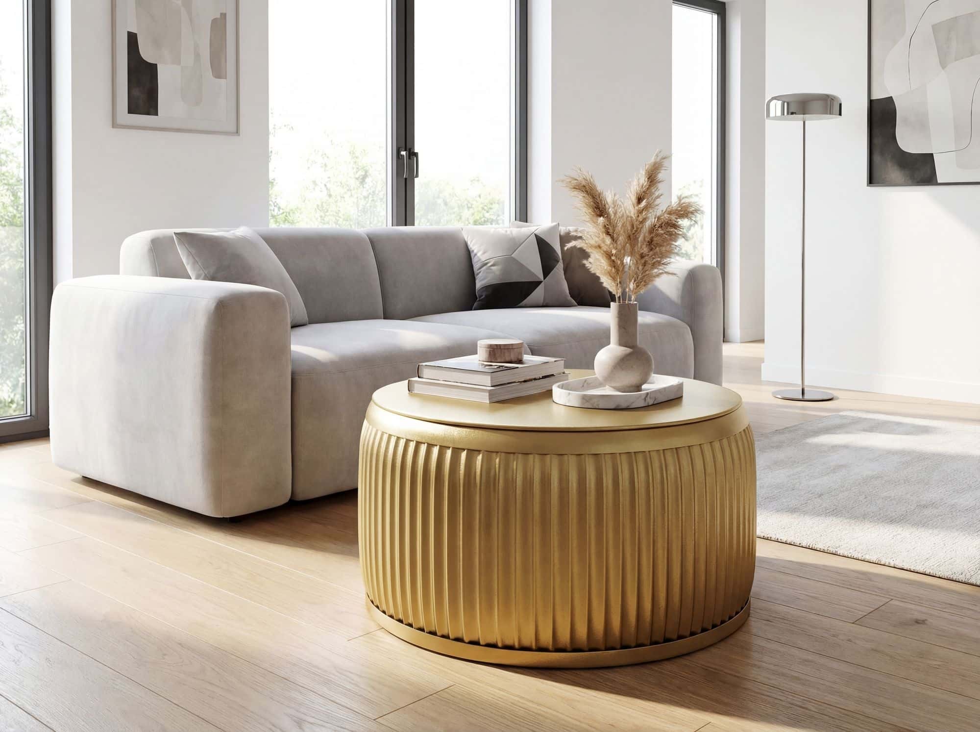 Couchtisch Metall Rund 60cm Gold mit abnehmbarer Tischplatte - Design Wohnzimmertisch mit Stauraum - Extravaganter Loungetisch Metall - Moderner Sofatisch - Beistelltisch Handmade