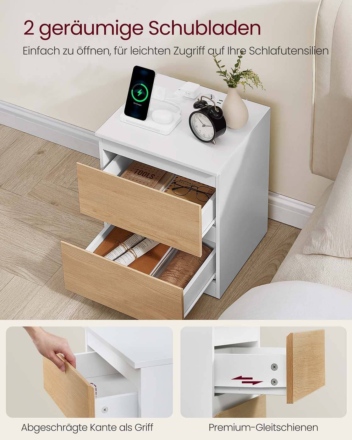 Nachttisch 2er Set mit Steckdosen und Schubladen mandelgelb Nachttisch 2er Set mit Steckdosen und Schubladen mandelgelb