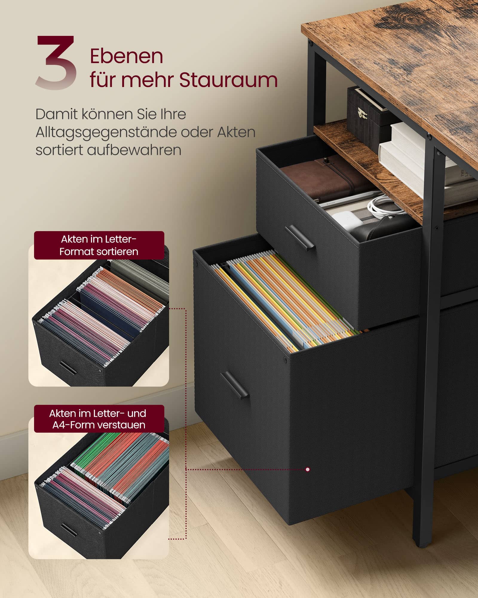 Computertisch mit 3 Ablagen und 2 Schubladen vintagebraun-schwarz Computertisch mit 3 Ablagen und 2 Schubladen vintagebraun-schwarz