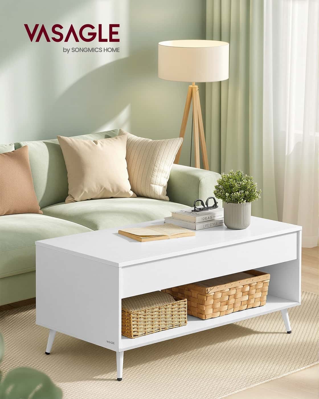 Couchtisch mit verstellbarer Platte und verstecktem Fach schneeweiß-mattweiß