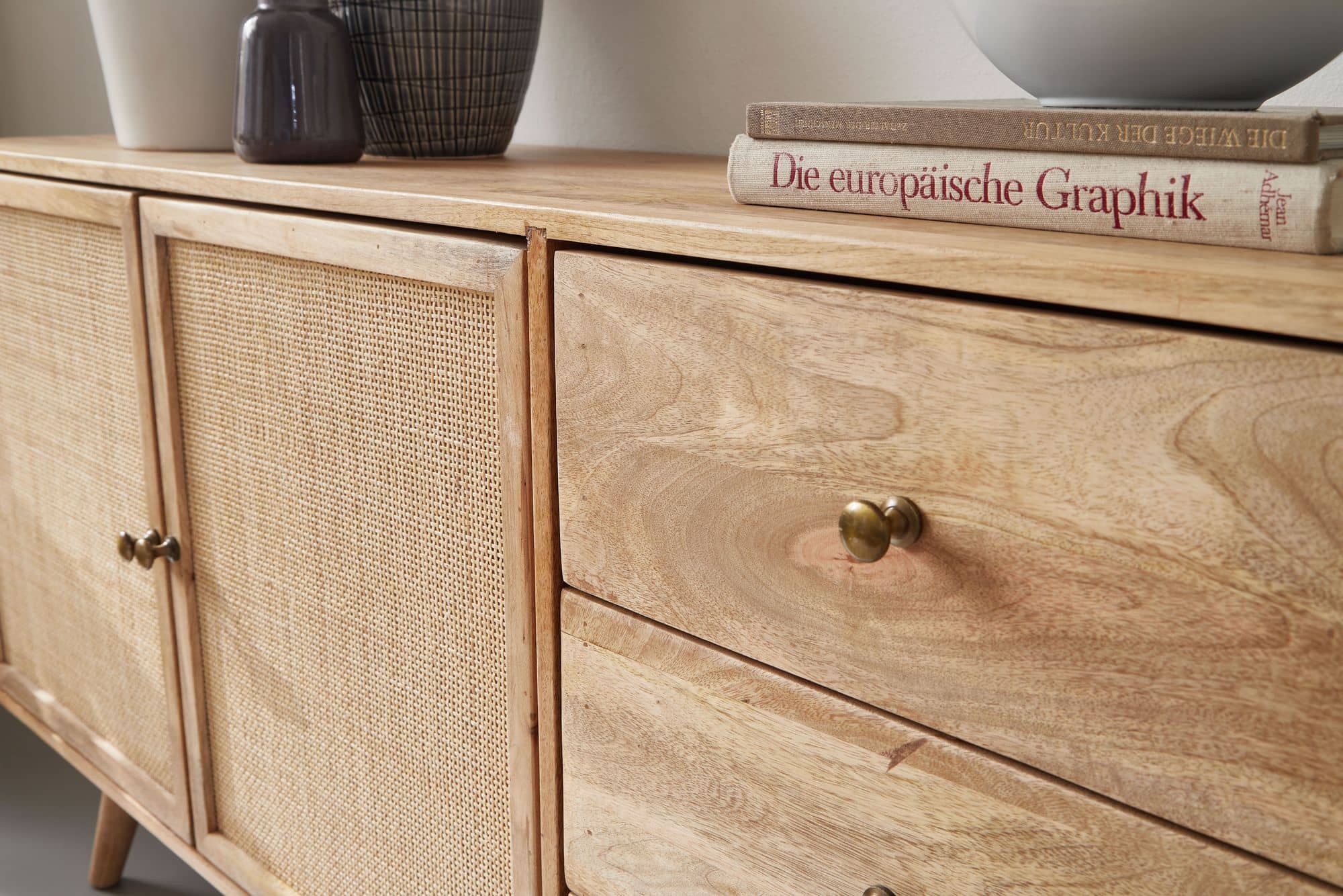 Design Sideboard 140x75x40 cm Mango Massivholz / Rattan