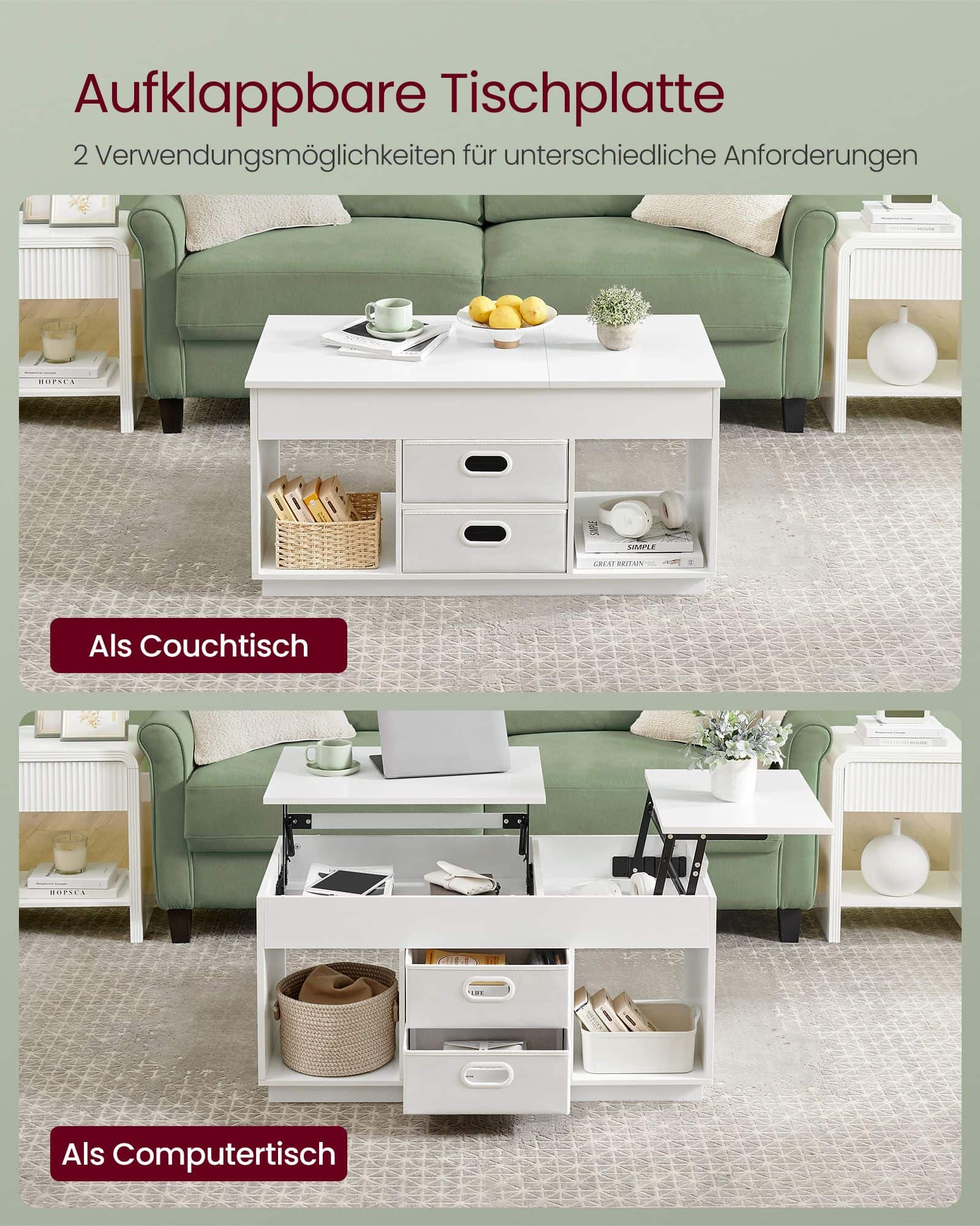 Couchtisch mit 2 Schubladen und Fächern schneeweiß