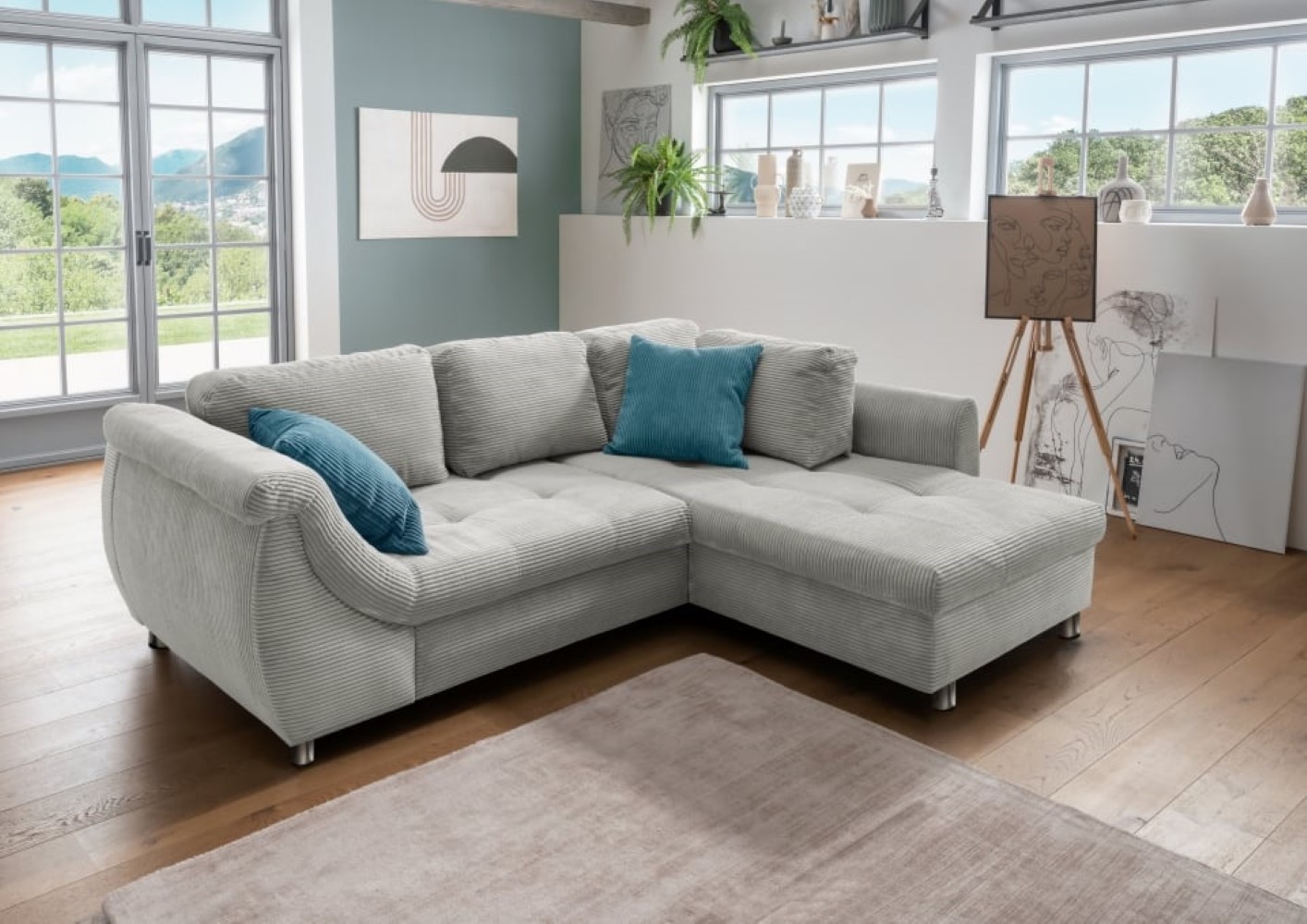 Stylisches Ecksofa Agira mit Schlaffunktion in elegantem Cord Stoff – Verschiedene Farben erhältlich