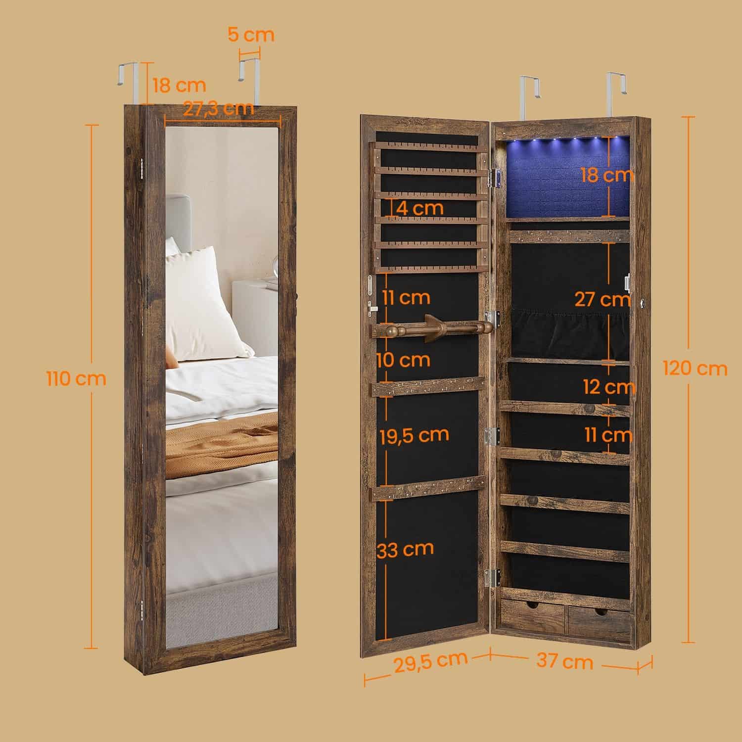 Schmuckschrank hängend, Wandspiegel, 6 LED-Glühbirnen Schmuckschrank hängend, Wandspiegel, 6 LED-Glühbirnen