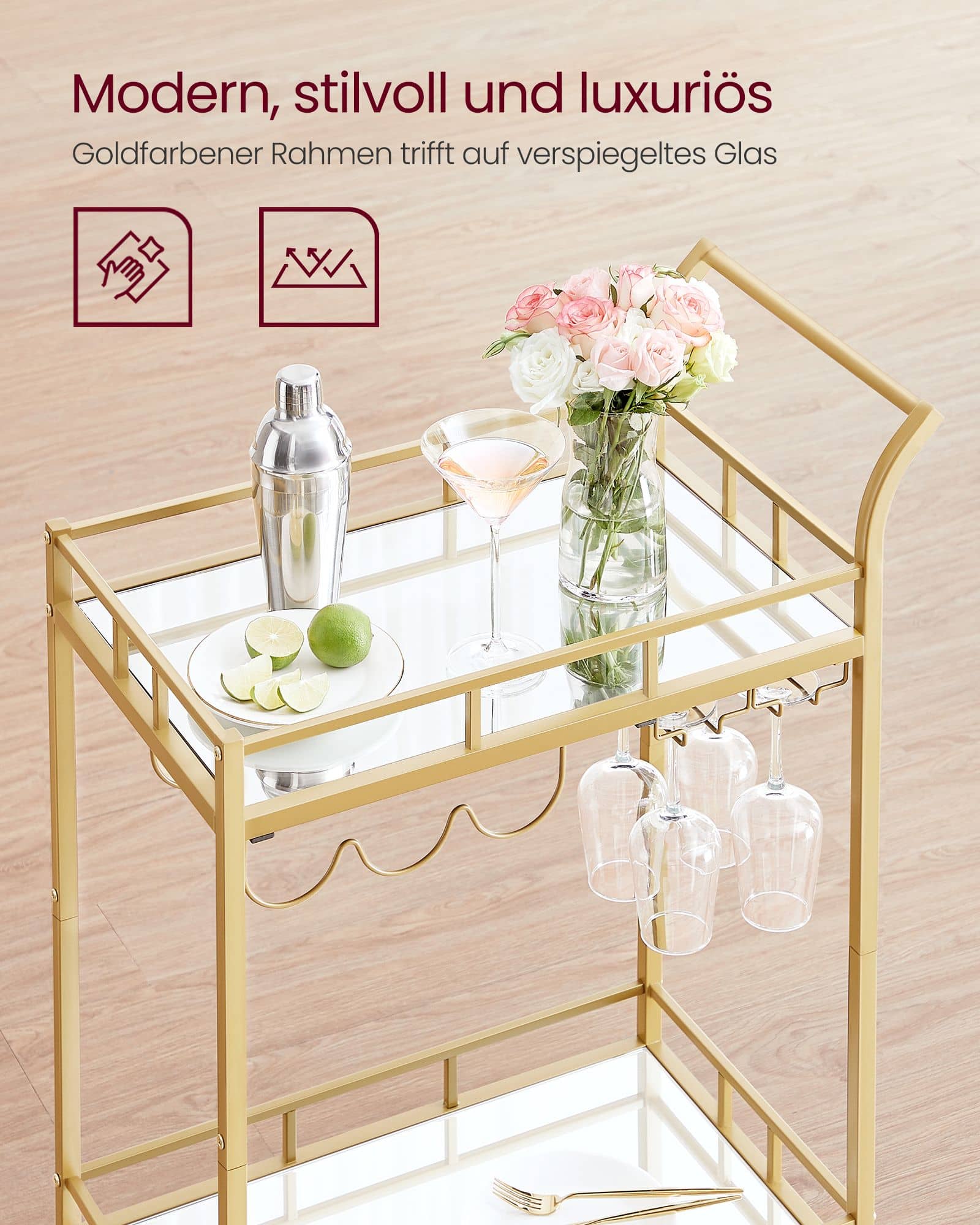 Servierwagen 2 verspiegelte Glasablagen goldfarben Servierwagen 2 verspiegelte Glasablagen goldfarben
