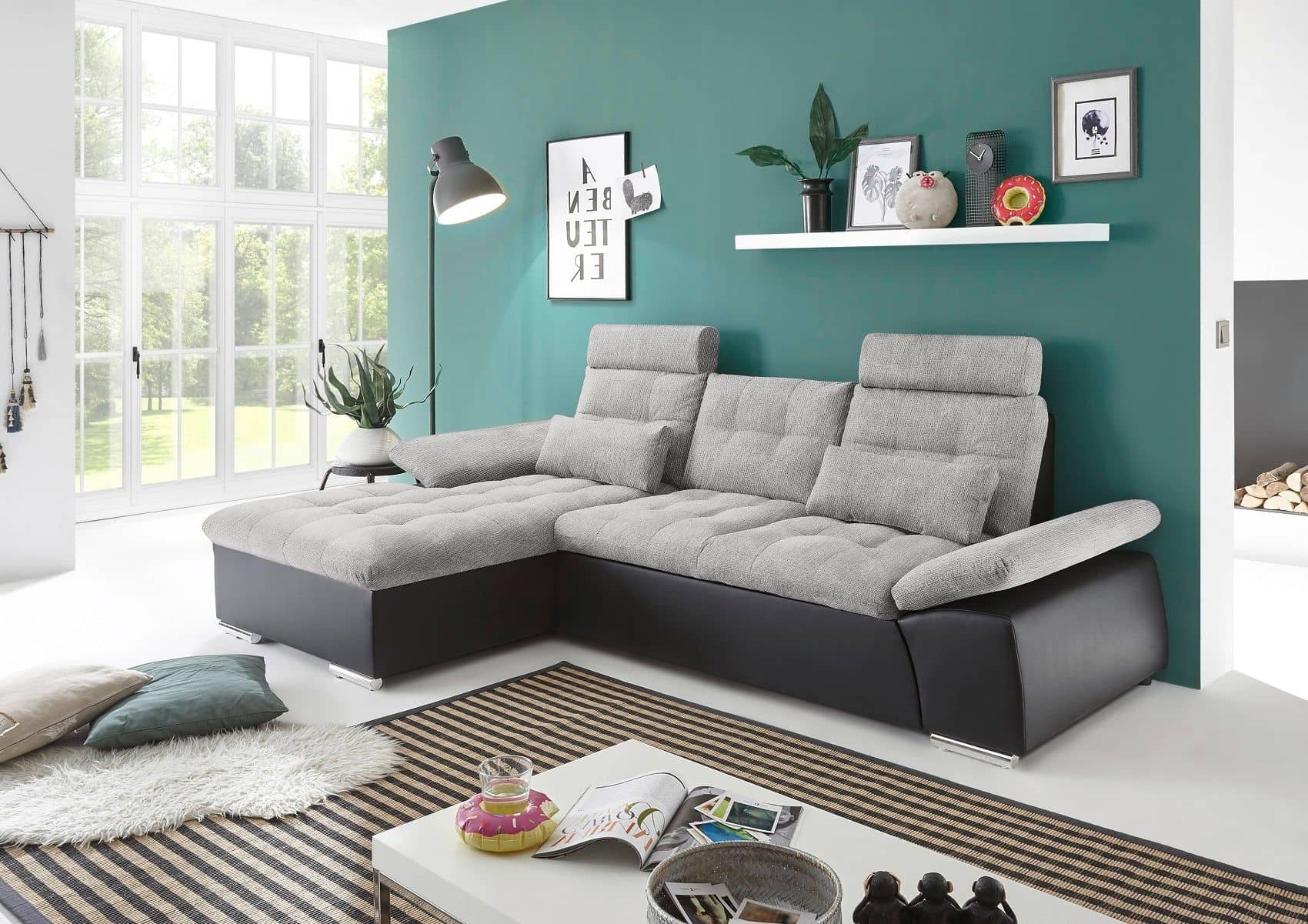 Ecksofa Jakarta Schwarz | Silber – Modernes Sofa mit Schlaffunktion & verstellbaren Armlehnen Ecksofa Jakarta Schwarz | Silber – Modernes Sofa mit Schlaffunktion & verstellbaren Armlehnen