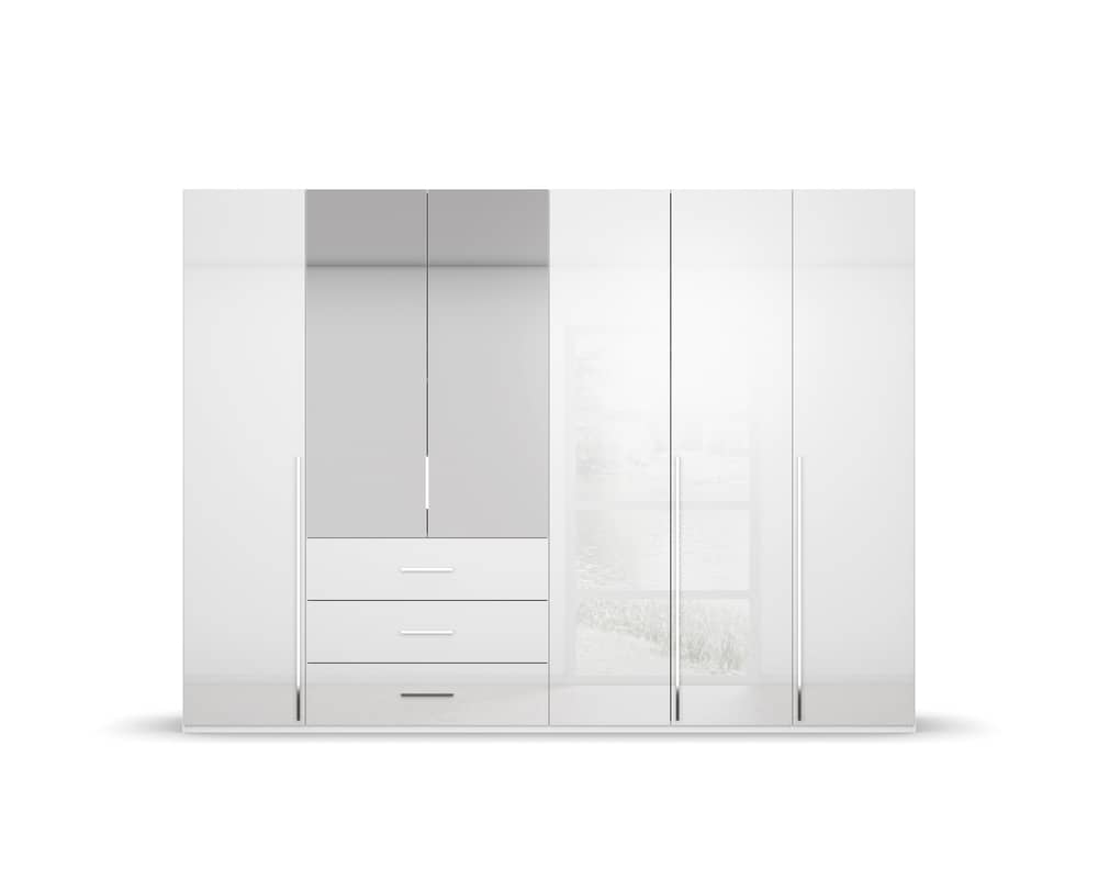 6-türiger Kleiderschrank Montclar von Rauch - Hochglanz Weiß/Alpinweiß mit Kristallglasspiegel, Schubkasteneinsatz, Soft-Close 6-türiger Kleiderschrank Montclar von Rauch - Hochglanz Weiß/Alpinweiß mit Kristallglasspiegel, Schubkasteneinsatz, Soft-Close