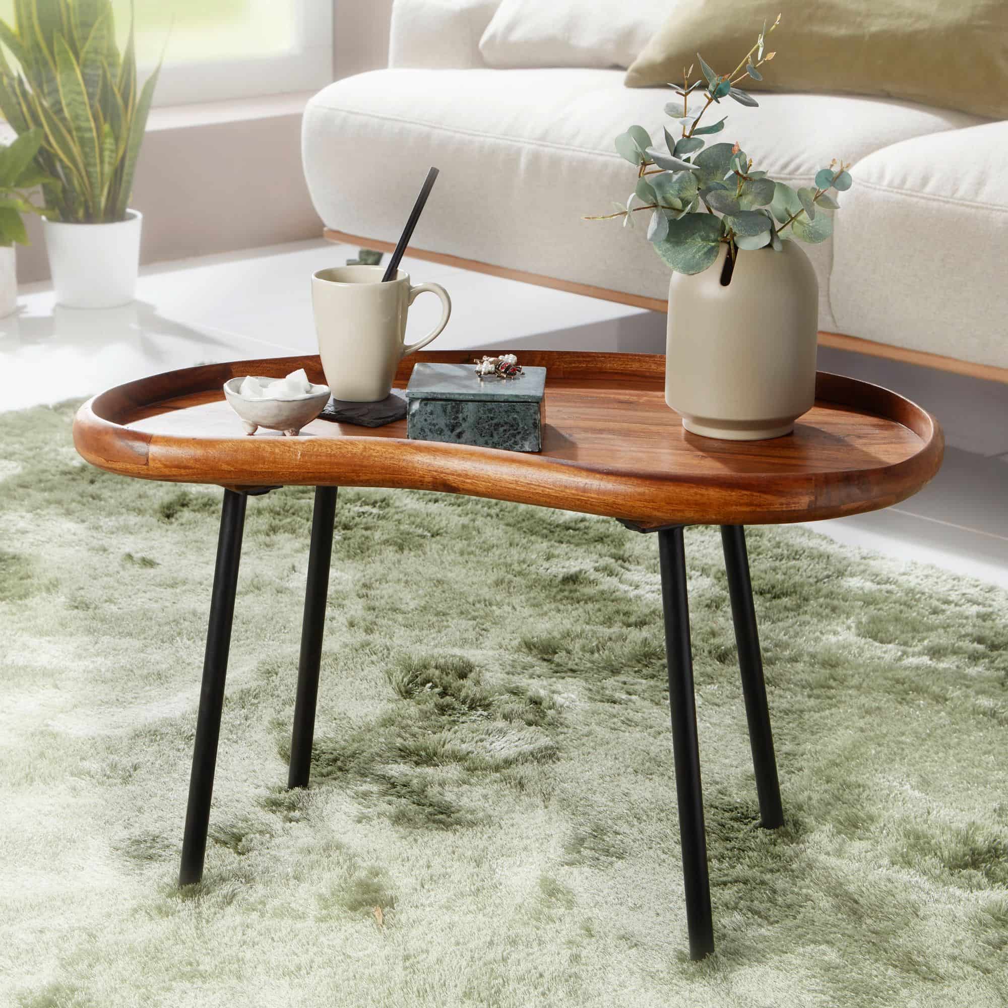 Couchtisch WL5.670 71x42x40 cm Sheesham massiv Sofatisch Nierenform mit Metallbeinen Couchtisch WL5.670 71x42x40 cm Sheesham massiv Sofatisch Nierenform mit Metallbeinen