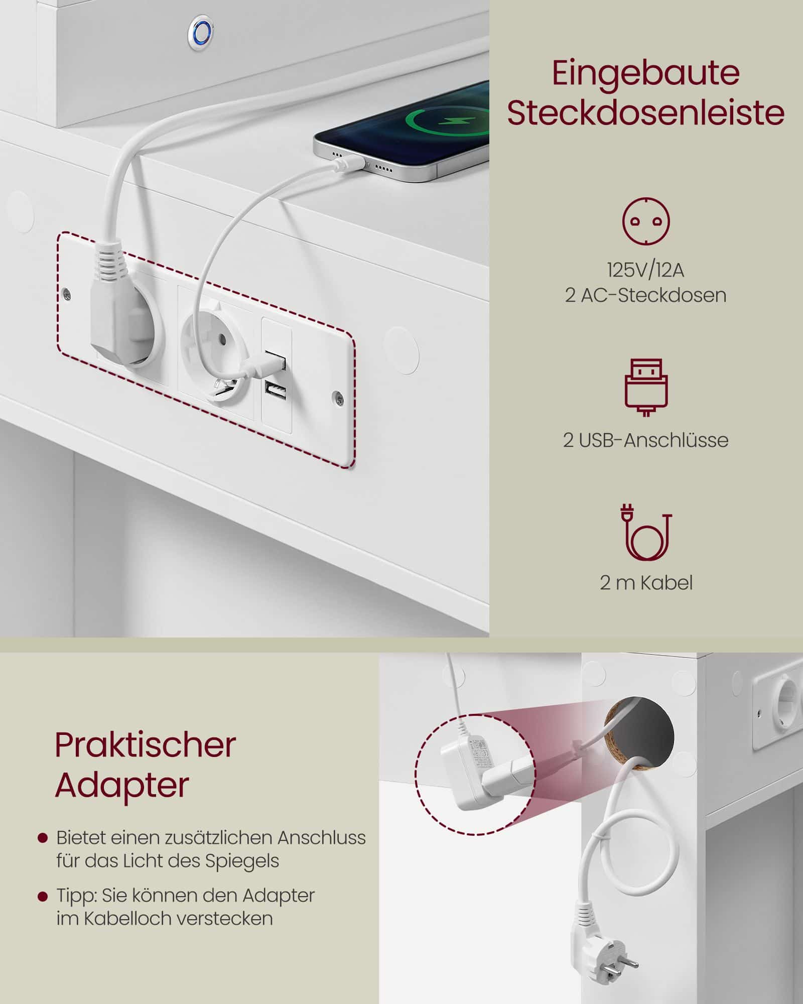 Schminktisch mit LED-Beleuchtung und Spiegel wolkenweiß Schminktisch mit LED-Beleuchtung und Spiegel wolkenweiß