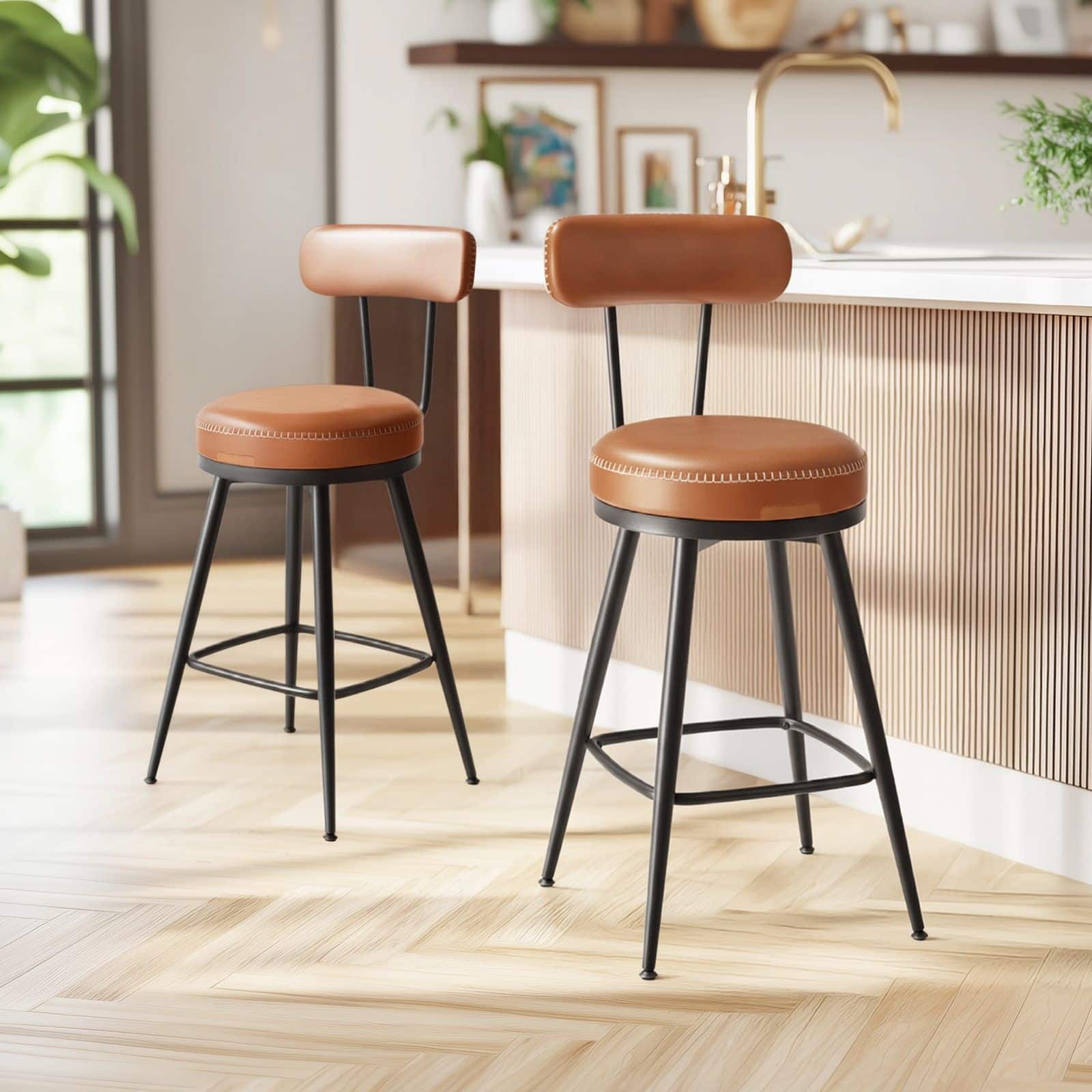 Barhocker 2er Set, hohe Drehhocker mit Rückenlehne, Kunstleder Barhocker 2er Set, hohe Drehhocker mit Rückenlehne, Kunstleder