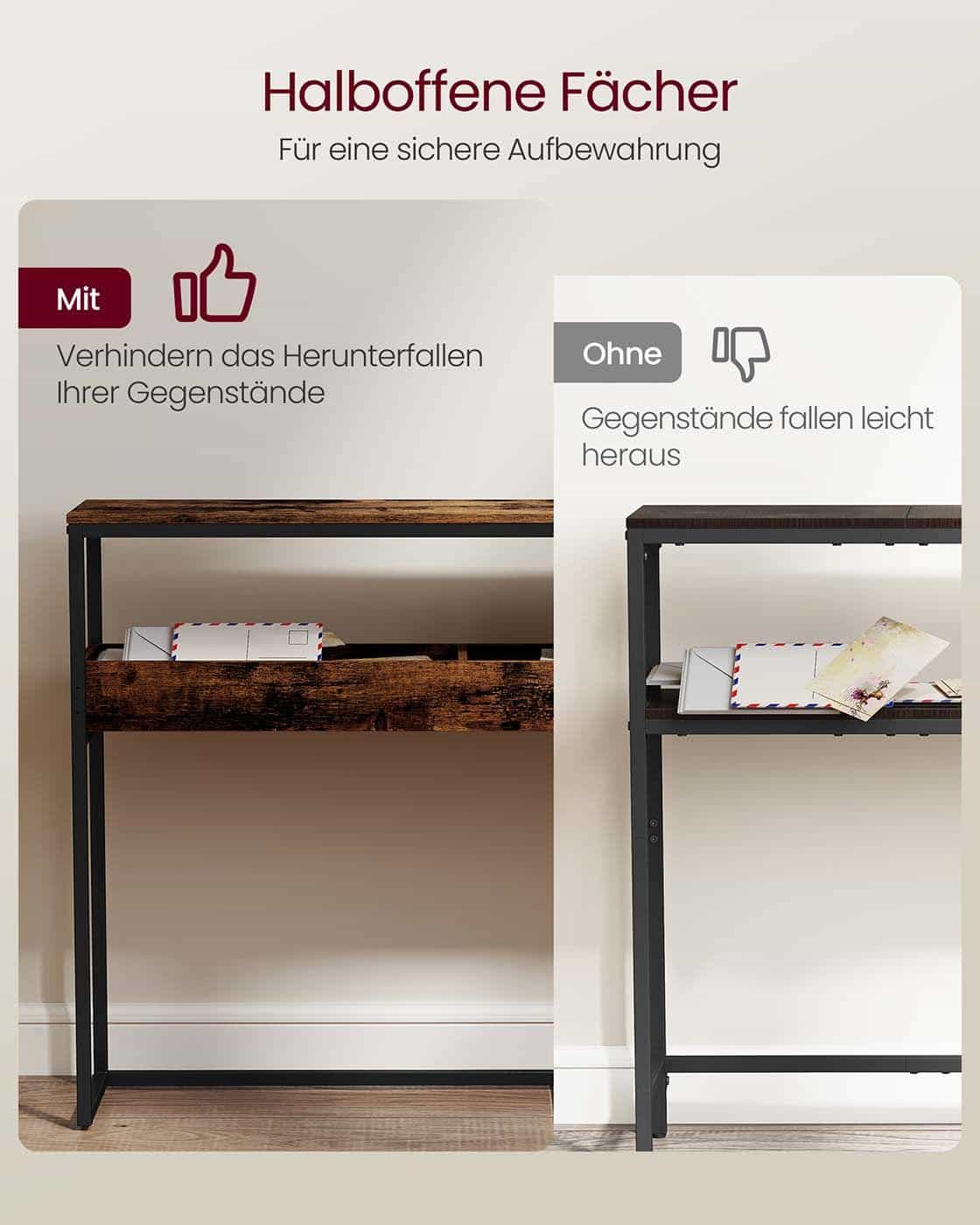 Schmaler Konsolentisch mit zwei Ebenen und halboffenen Fächern