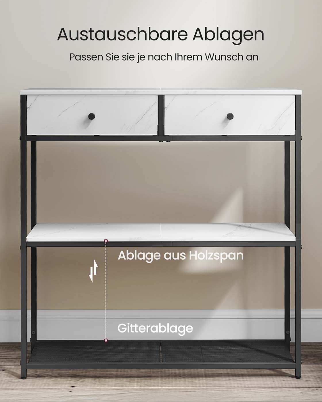 Schmaler Konsolentisch mit zwei Stoffschubladen