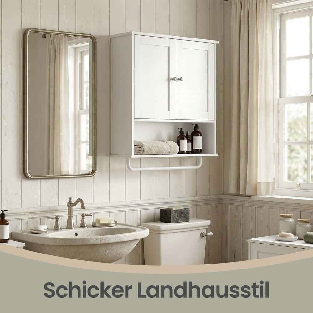 Wandschrank mit Türen, Handtuchhalter und offenem Fach, Hängeschrank für Bad Wandschrank mit Türen, Handtuchhalter und offenem Fach, Hängeschrank für Bad