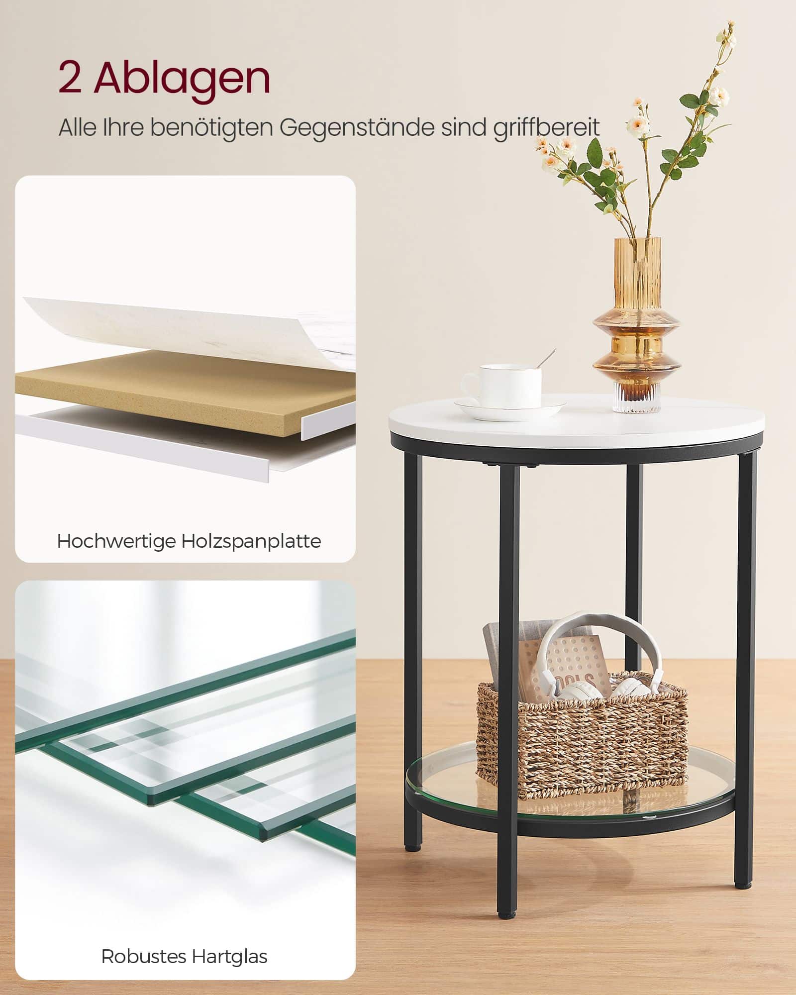 Beistelltisch 2 Ebenen in weißer Marmoroptik mit schwarzem Gestell