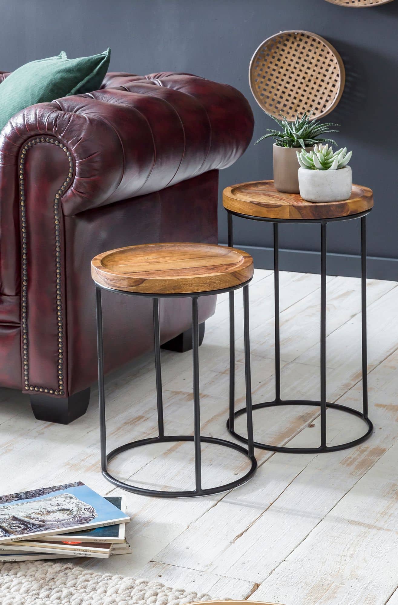 47399-WOHNLING-2er-Set-Beistelltisch-rund-30x30x5_2 Design Satztisch WL5.661 Sheesham Metall Beistelltisch 2er Set Klein