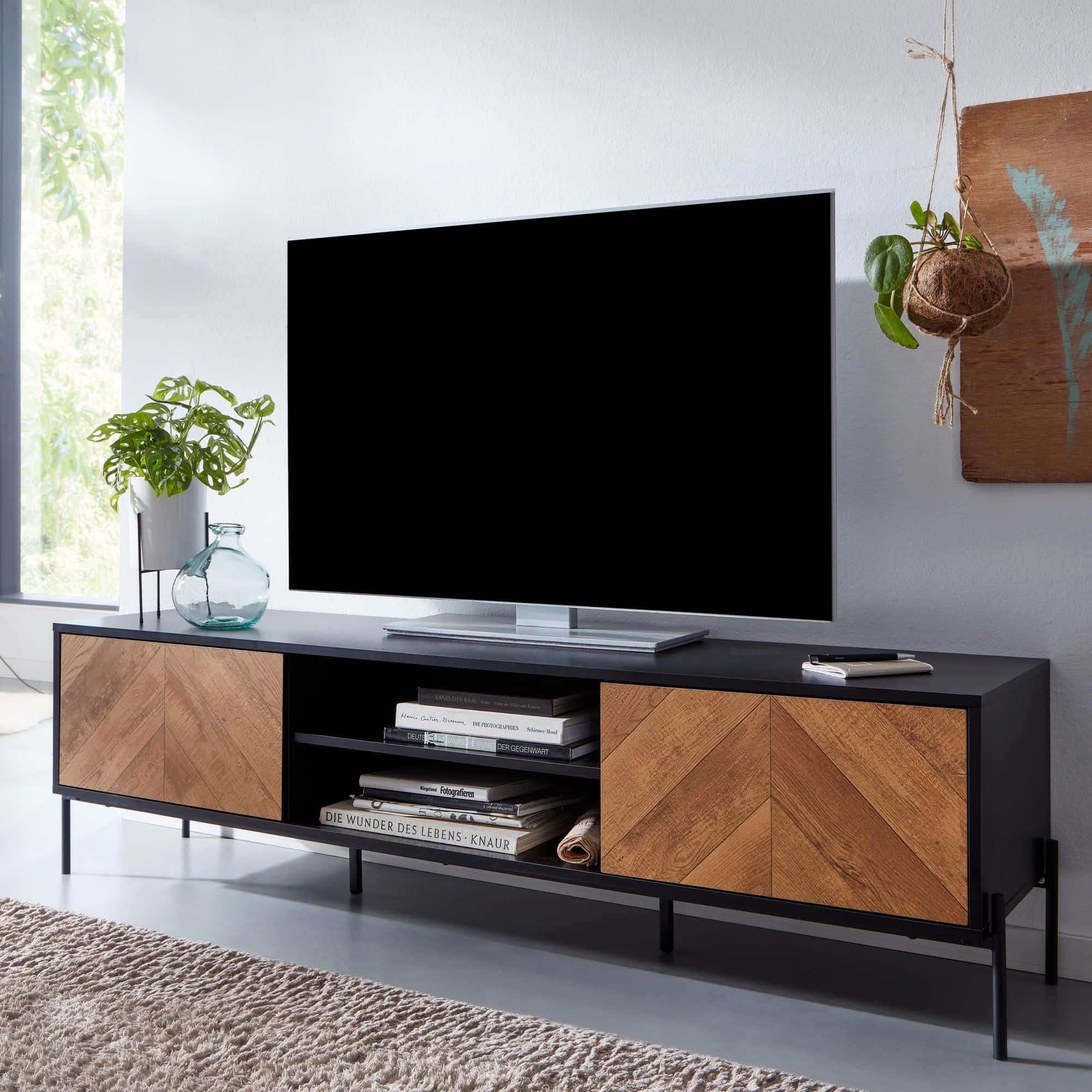 64672-Wohnling-Lowboard-TV-Board-160x40x45-cm-schwarz-WL6-580-2 Lowboard Holz Schwarz / Eiche-Dekor 163x45x40 cm TV-Kommode mit zwei Türen