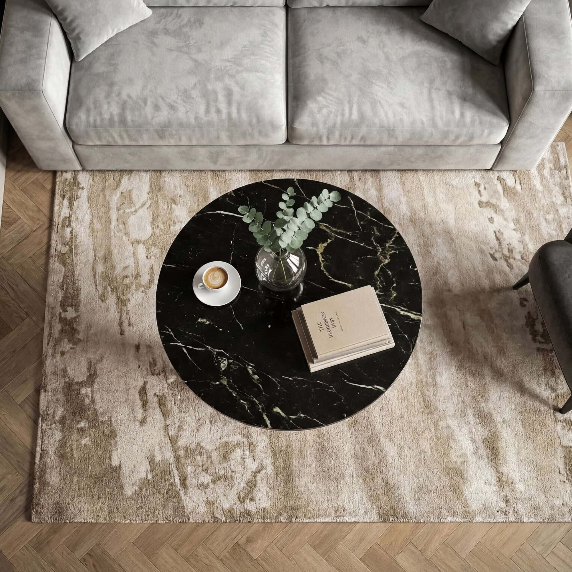 Couchtisch Gold 60cm mit schwarzer Marmor Tischplatte - Wohnzimmertisch rund - Sofatisch Alu modern - Beistelltisch Aluminium - Design Tisch Wohnzimmer Metallgestell Handmade