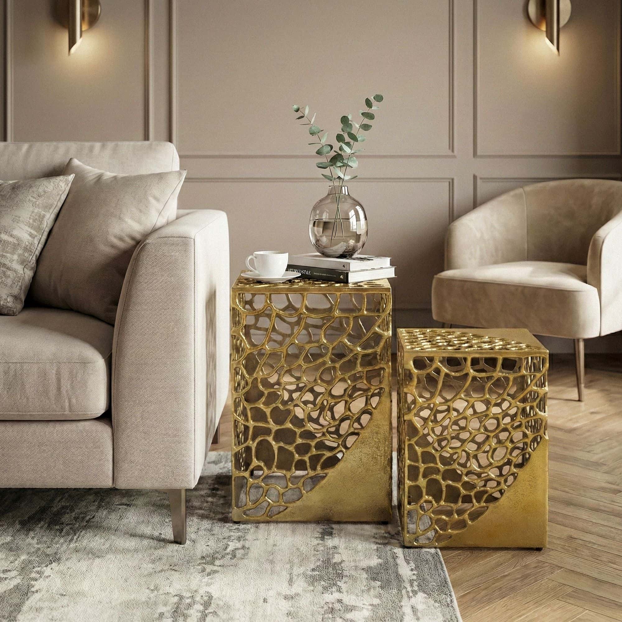 2er Set Beistelltisch Aluminium Gold - Design Couchtisch Set - Metalltisch Wohnzimmertisch modern Alu - Sofatisch quadratisch Metall - Loungetisch Set Satztisch Handmade