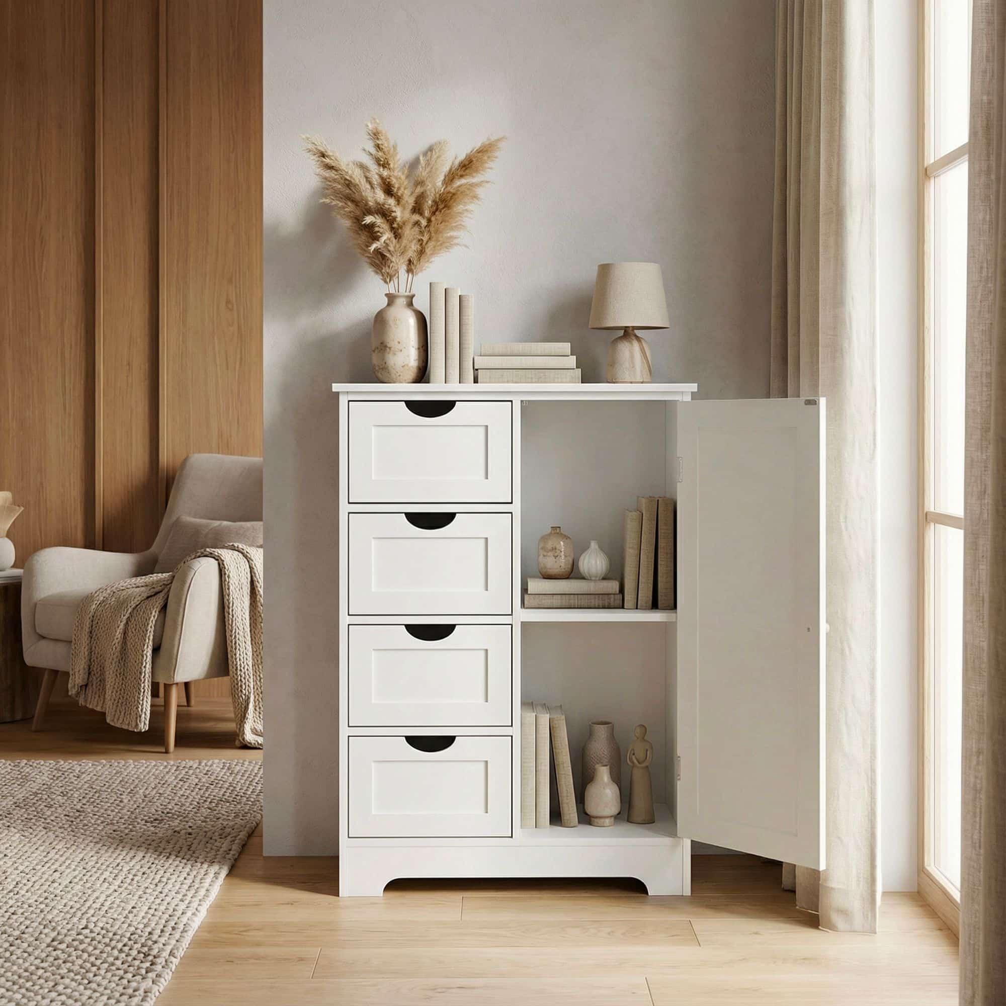 schmaler Standschrank mit Schubladen und Tür 55x80 cm – Aufbewahrungsschrank aus MDF Weiß – Kommode mit Rattan Geflecht – Schrank für Flur und Wohnzimmer – Schubladenkommode modern