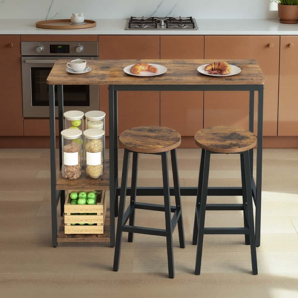 Bartisch-Set mit Regal, Essgruppe mit 2 Hockern, Metallgestell Bartisch-Set mit Regal, Essgruppe mit 2 Hockern, Metallgestell