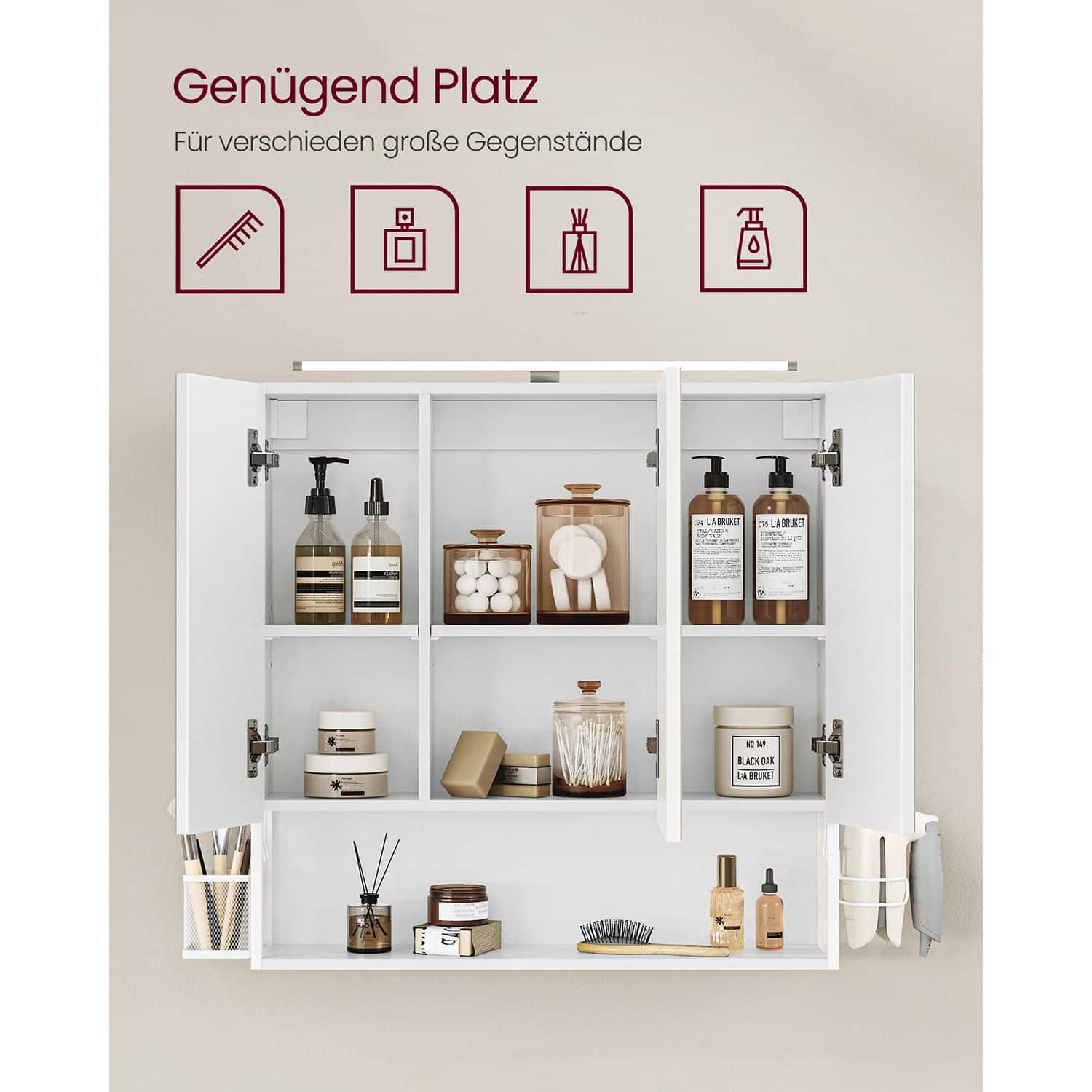 Spiegelschrank Bad 3-türig mit Beleuchtung und höhenverstellbarer Ablage-B34BBK124W14 Spiegelschrank Bad 3-türig mit Beleuchtung und höhenverstellbarer Ablage-B34BBK124W14