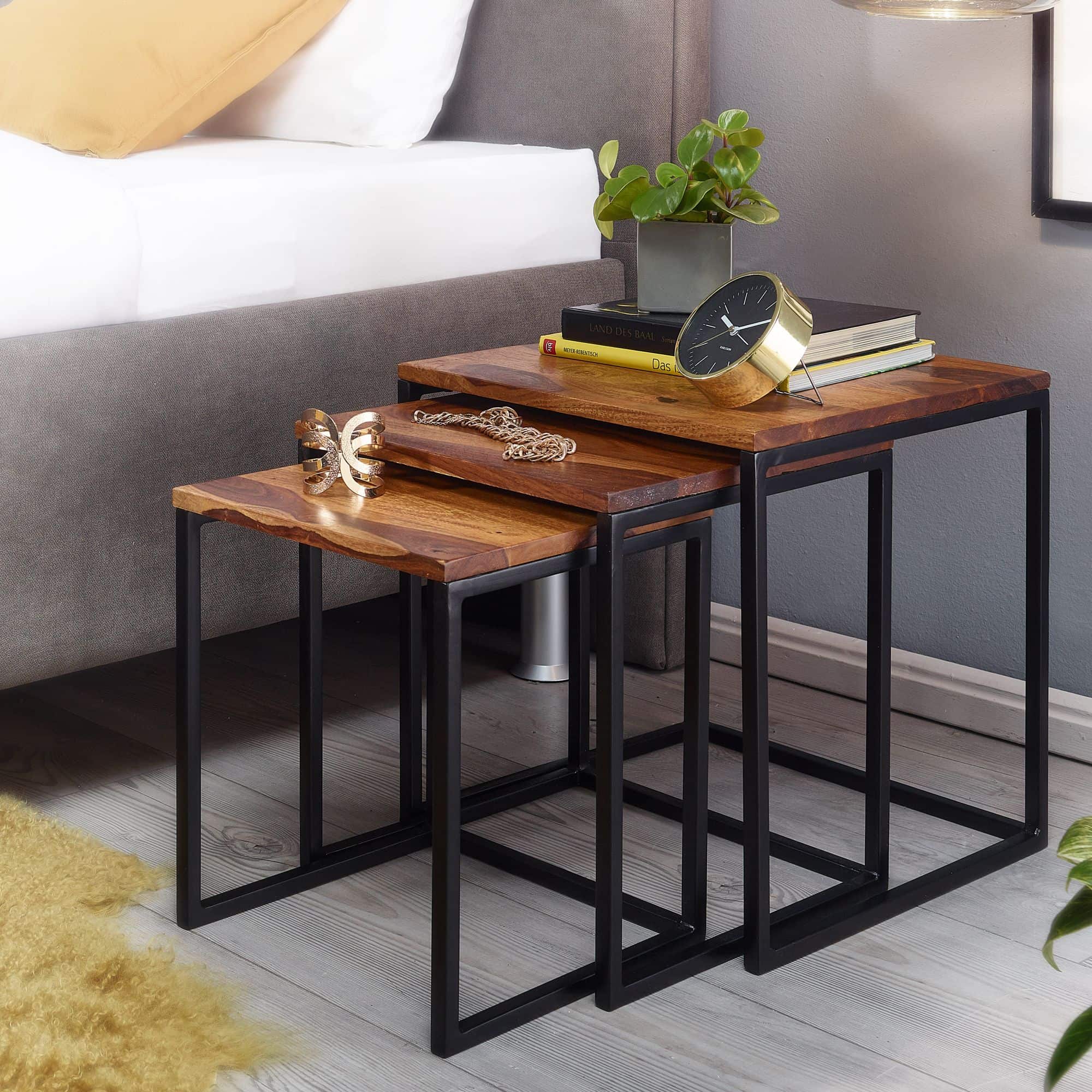 Satztisch 3er Set Sheesham Massivholz / Metall Beistelltisch Eckig Modern Satztisch 3er Set Sheesham Massivholz / Metall Beistelltisch Eckig Modern
