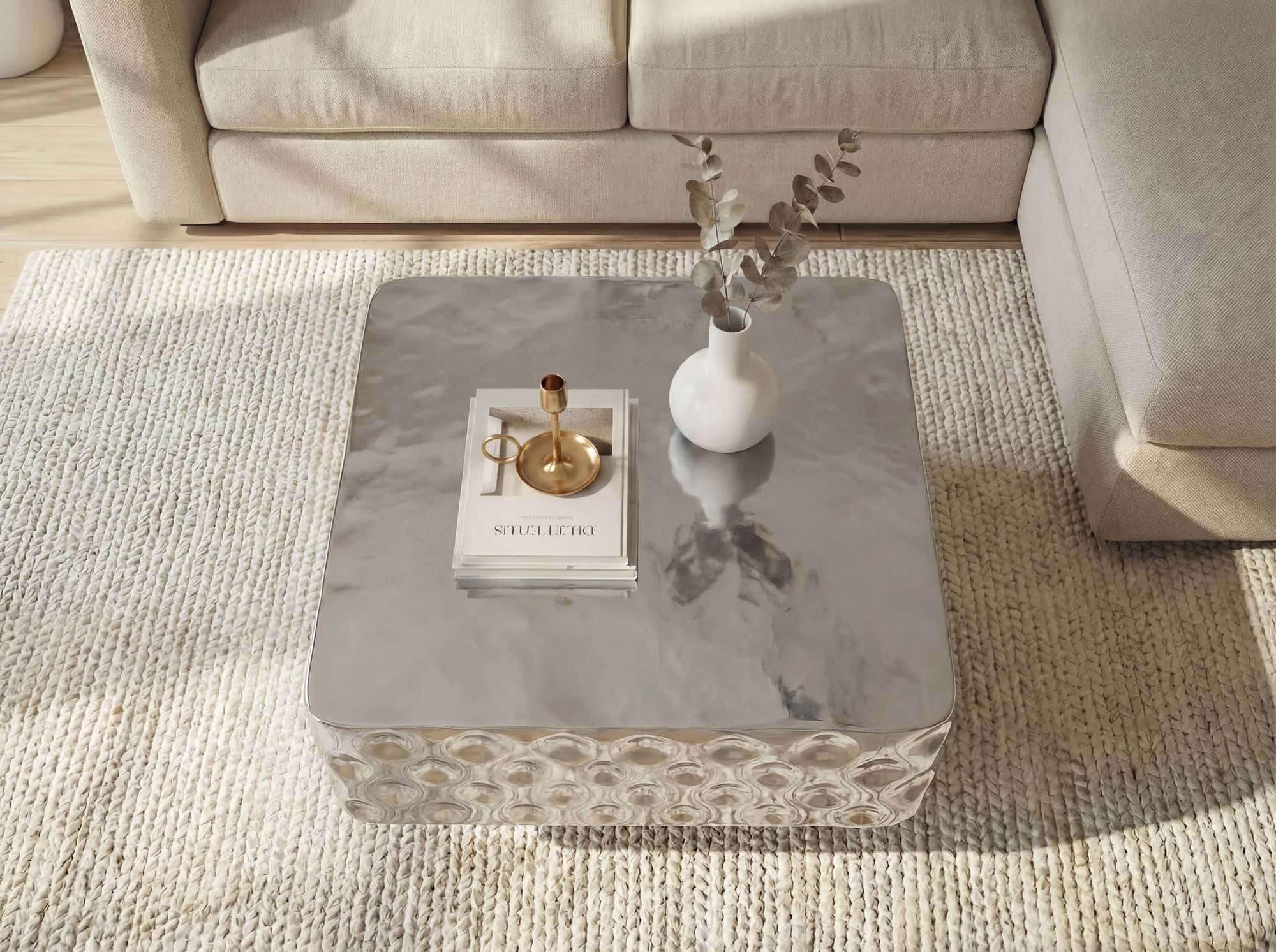 Couchtisch Aluminium Quadratisch 60cm Silber - Design Wohnzimmertisch Gehämmert - Moderner Loungetisch - Sofatisch Hammerschlag - Beistelltisch Wohnzimmer Handmade