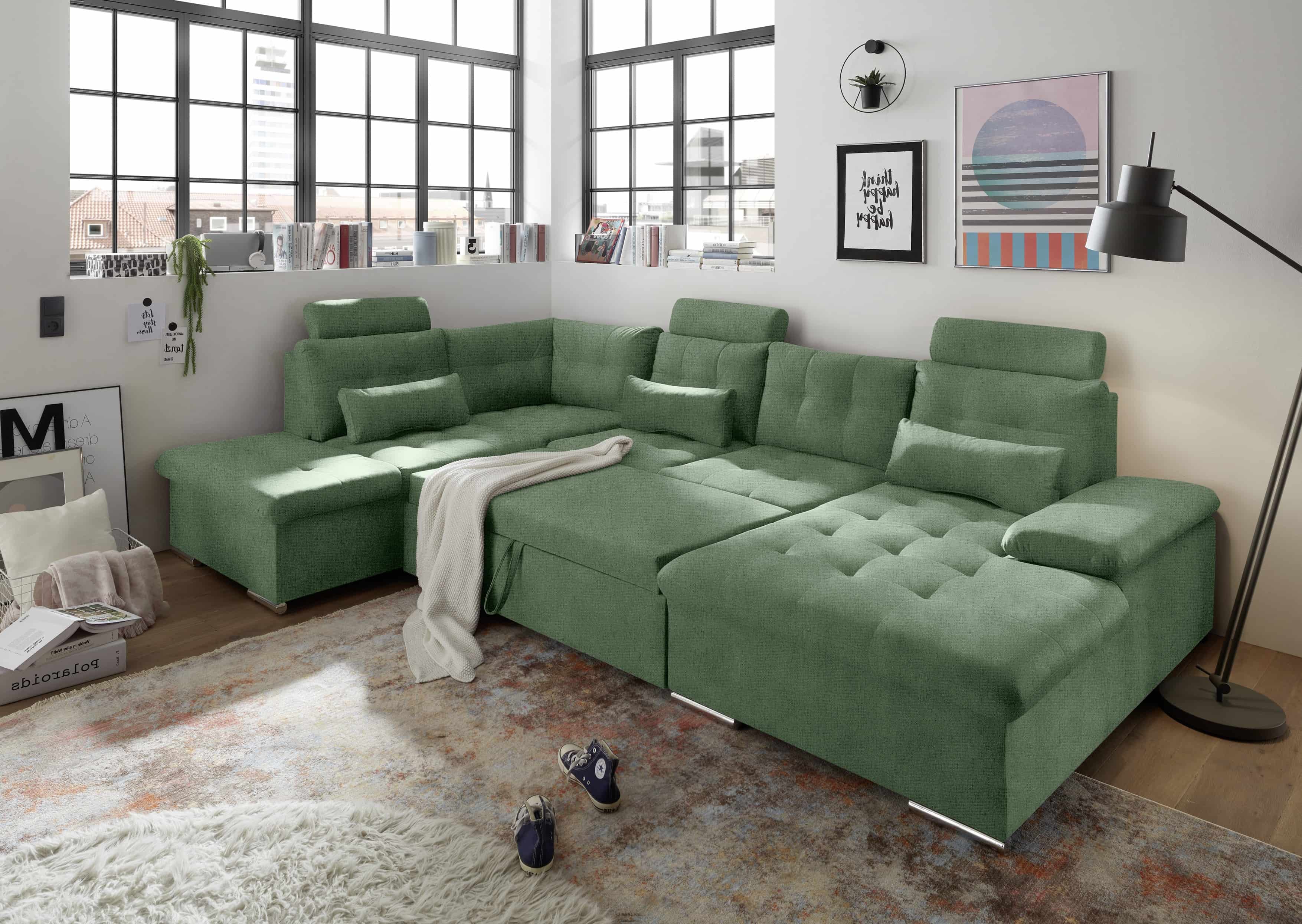 Sofa Grün mit Schlaffunktion und Bettkasten - Medan XXL Sofa Grün mit Schlaffunktion und Bettkasten - Medan XXL