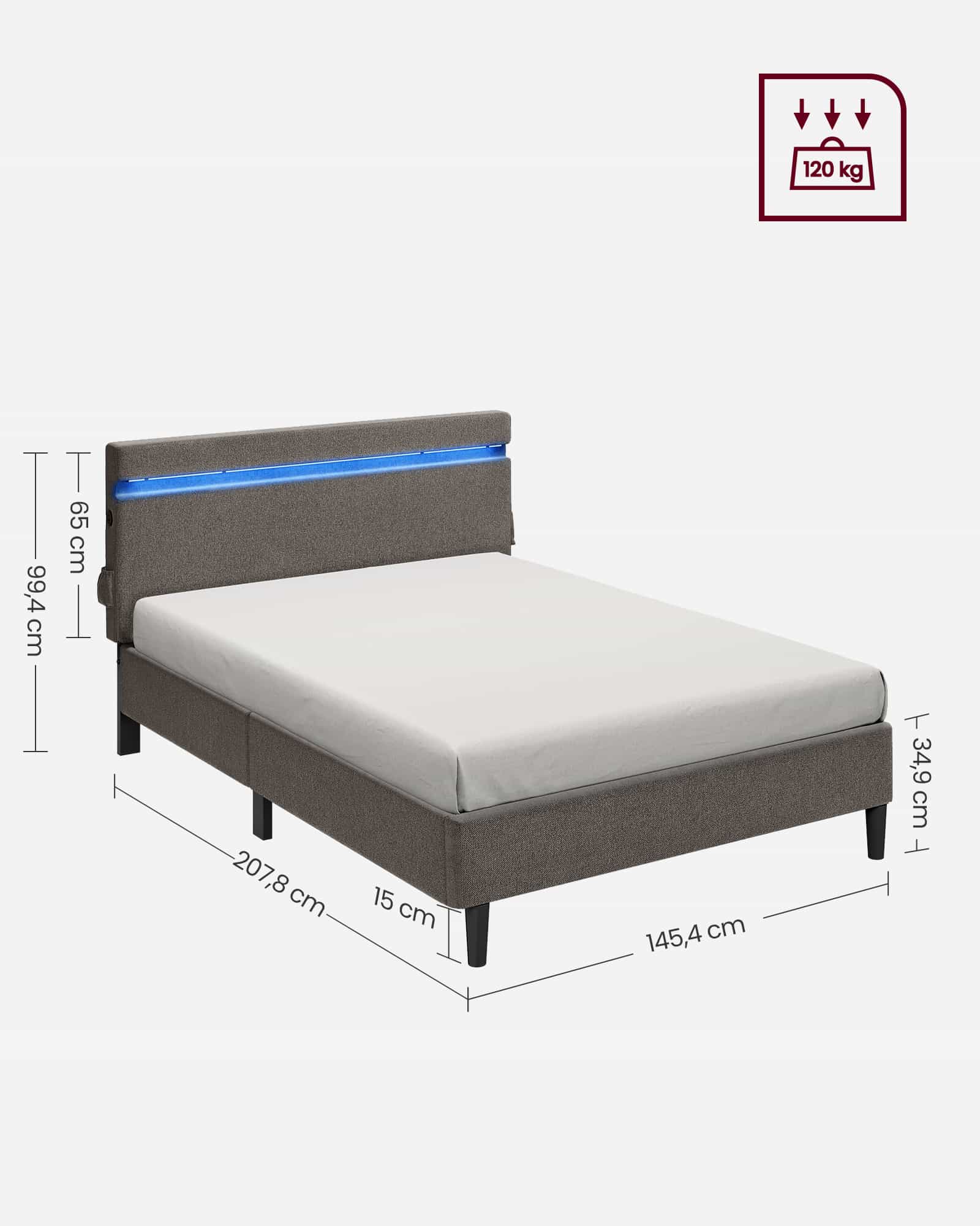 Doppelbett aus Metall 140 x 190 cm LED-Beleuchtung dunkelgrau Doppelbett aus Metall 140 x 190 cm LED-Beleuchtung dunkelgrau