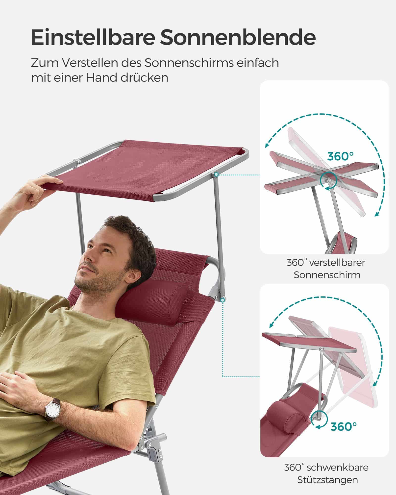 klappbarer Liegestuhl mit Sonnenschutz und Kopfstütze klappbarer Liegestuhl mit Sonnenschutz und Kopfstütze