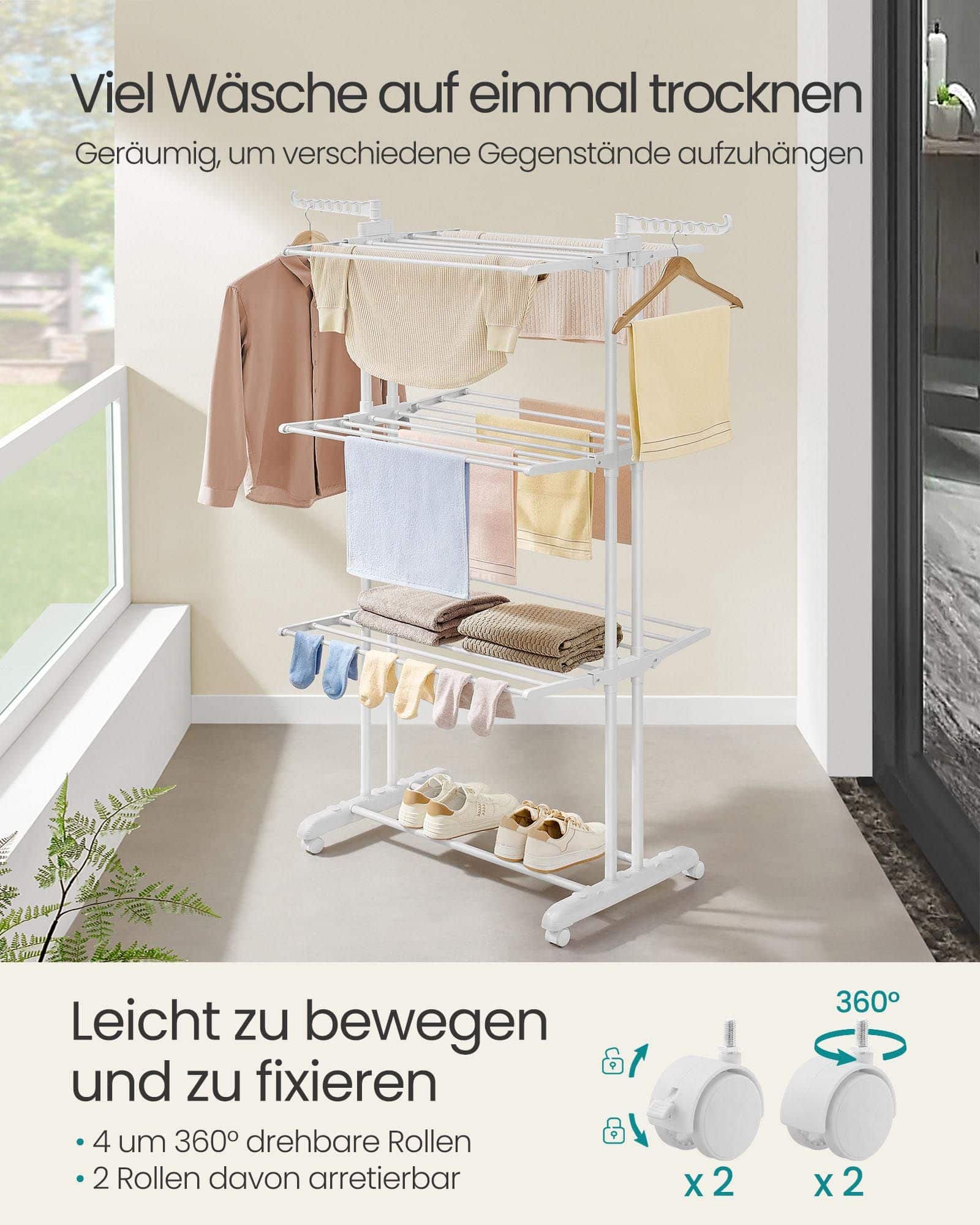 Wäscheständer mit 4 Ebenen und Rollen wolkenweiß Wäscheständer mit 4 Ebenen und Rollen wolkenweiß