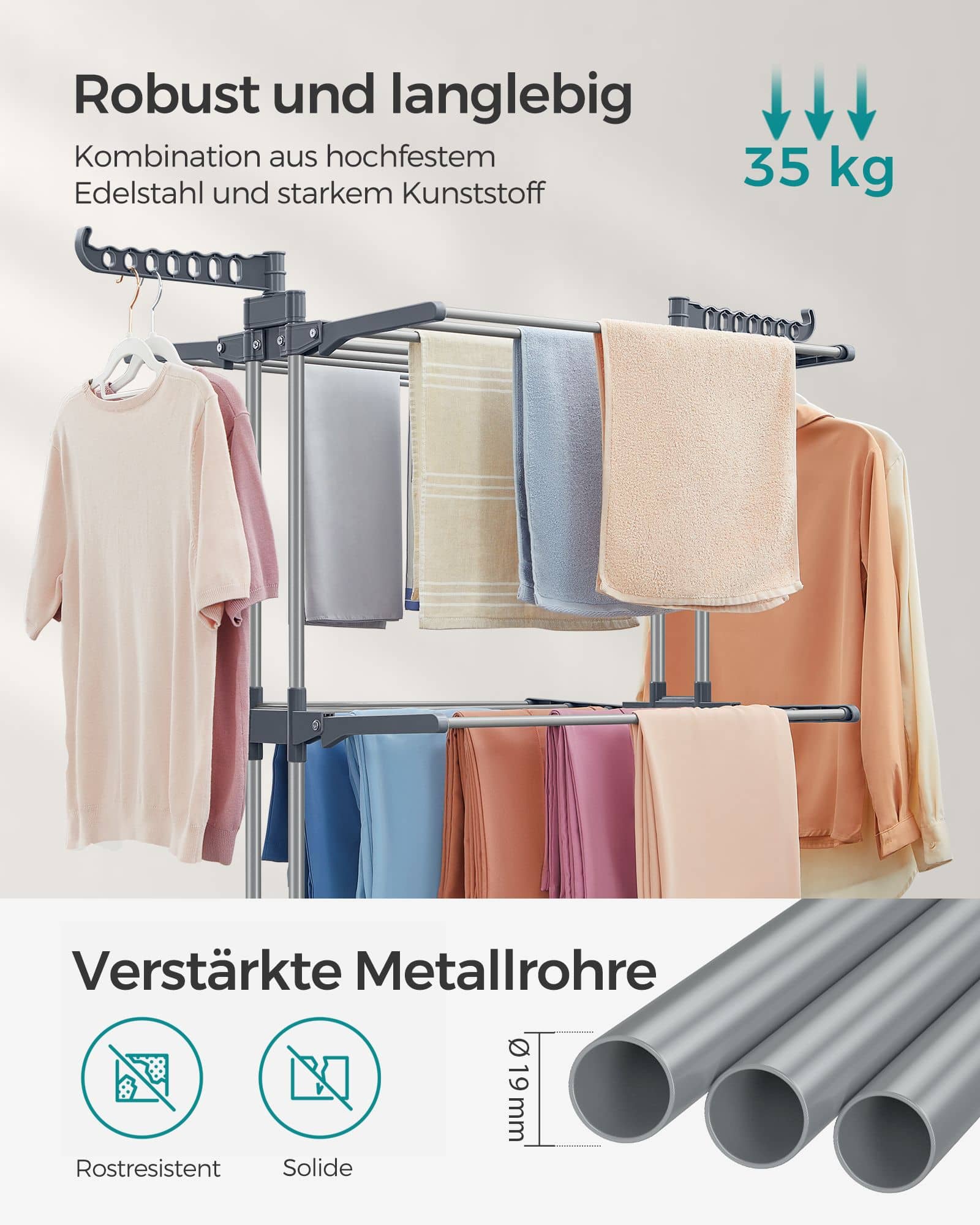 Wäscheständer 4 Ebenen mit klappbaren Flügeln und Rollen grau