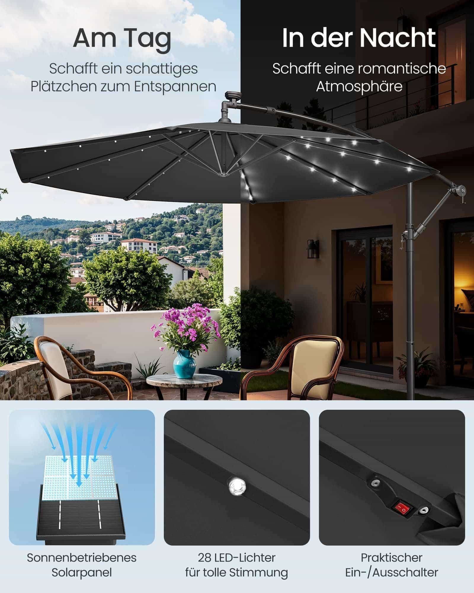 Sonnenschirm mit LED-Solar-Beleuchtung und Ständer Sonnenschirm mit LED-Solar-Beleuchtung und Ständer