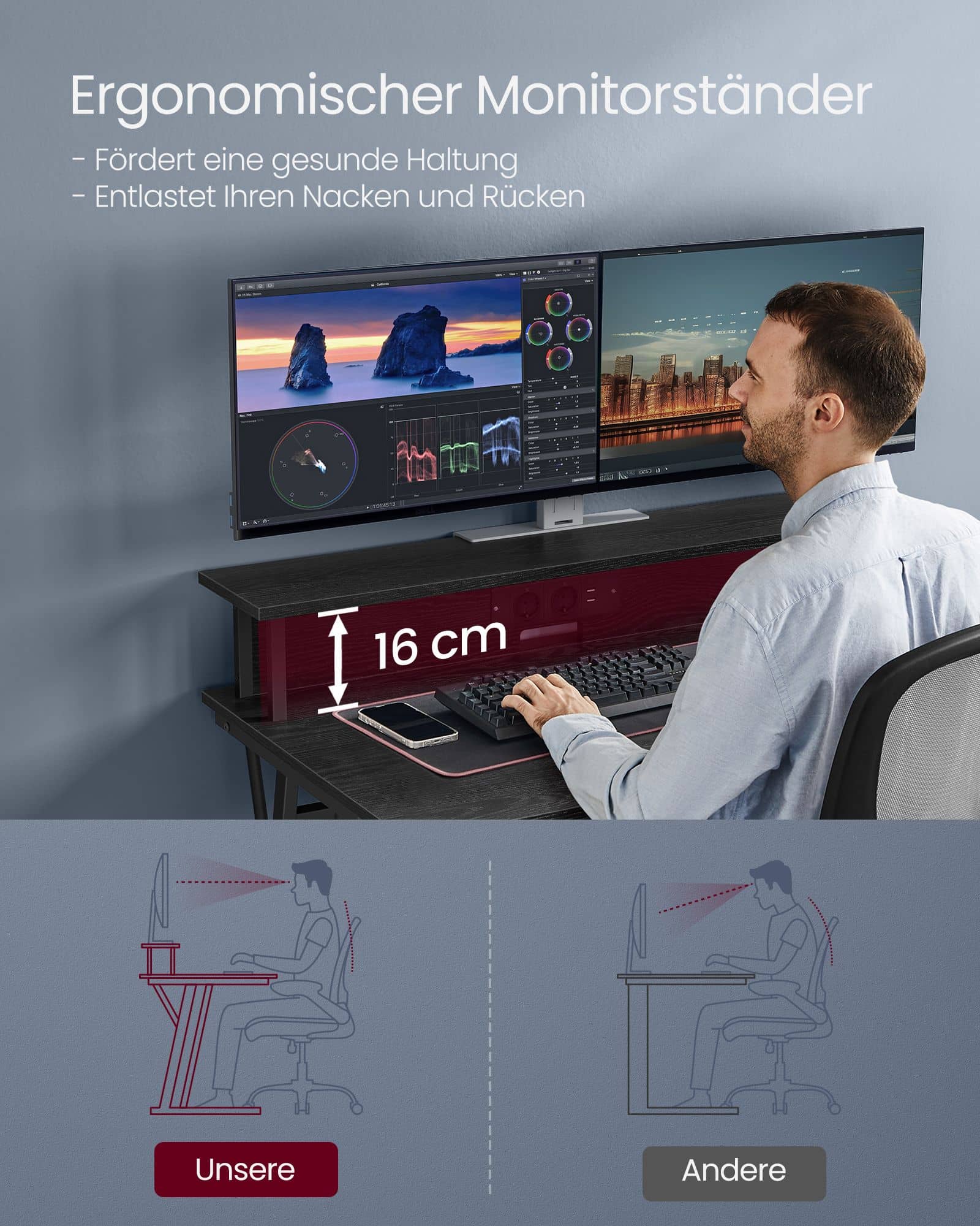 Gaming-Tisch mit LED-Beleuchtung Monitorständer für 2 Monitore Gaming-Tisch mit LED-Beleuchtung Monitorständer für 2 Monitore