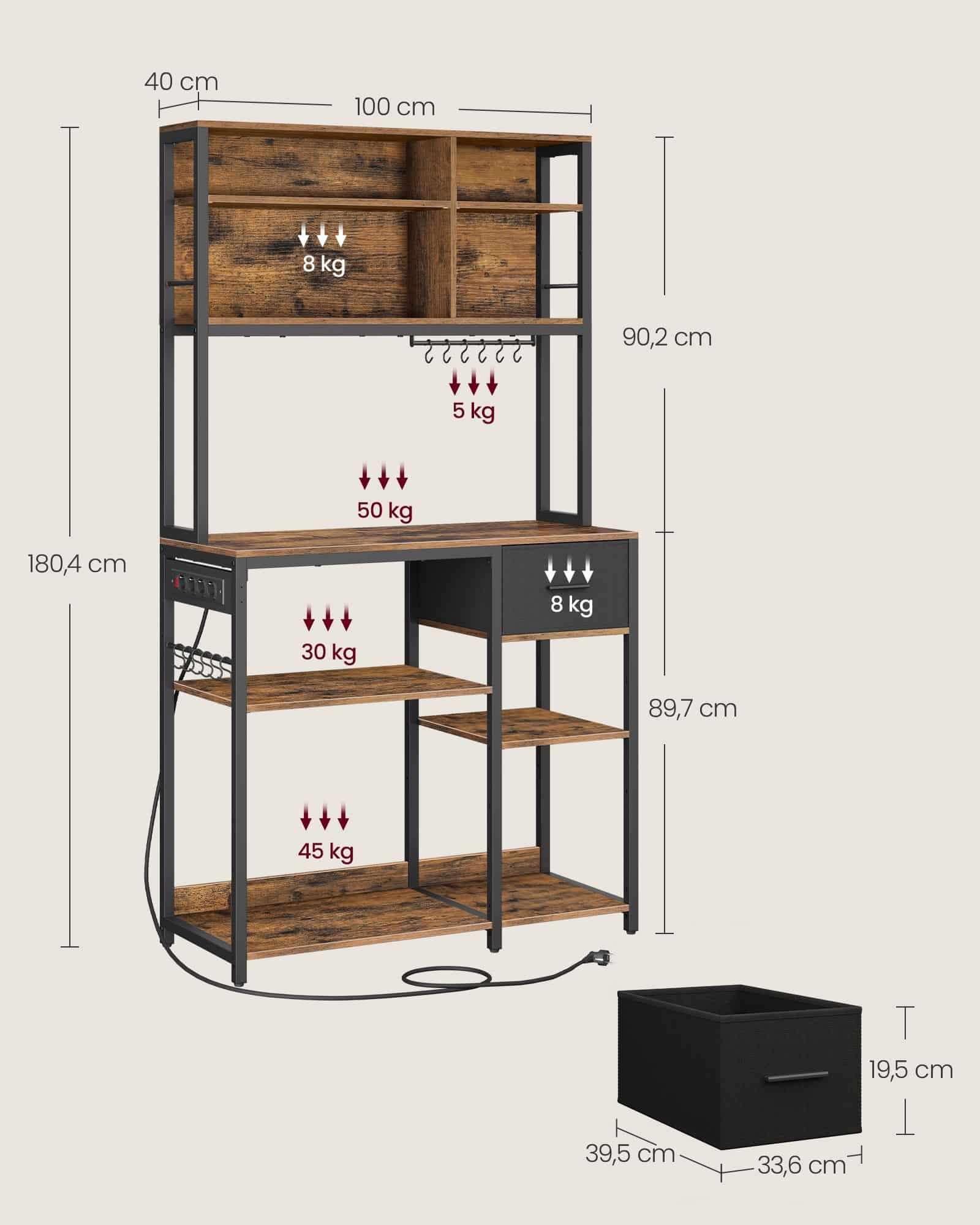 Küchenregal mit Steckdosen und Stoffschublade 40 x 100 x 180,4 cm Küchenregal mit Steckdosen und Stoffschublade 40 x 100 x 180,4 cm