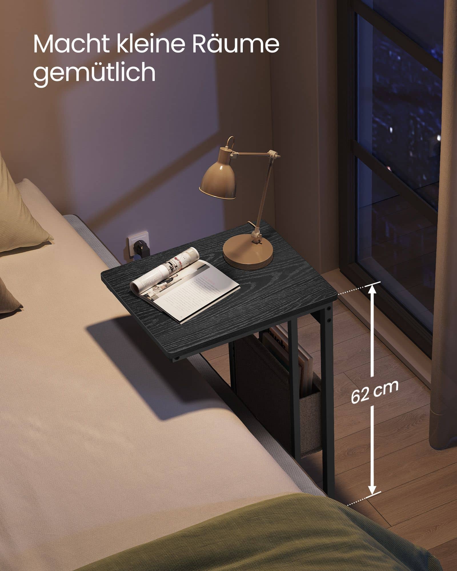 Beistelltisch C-Form mit 2 AC-Steckdosen ebenholzschwarz