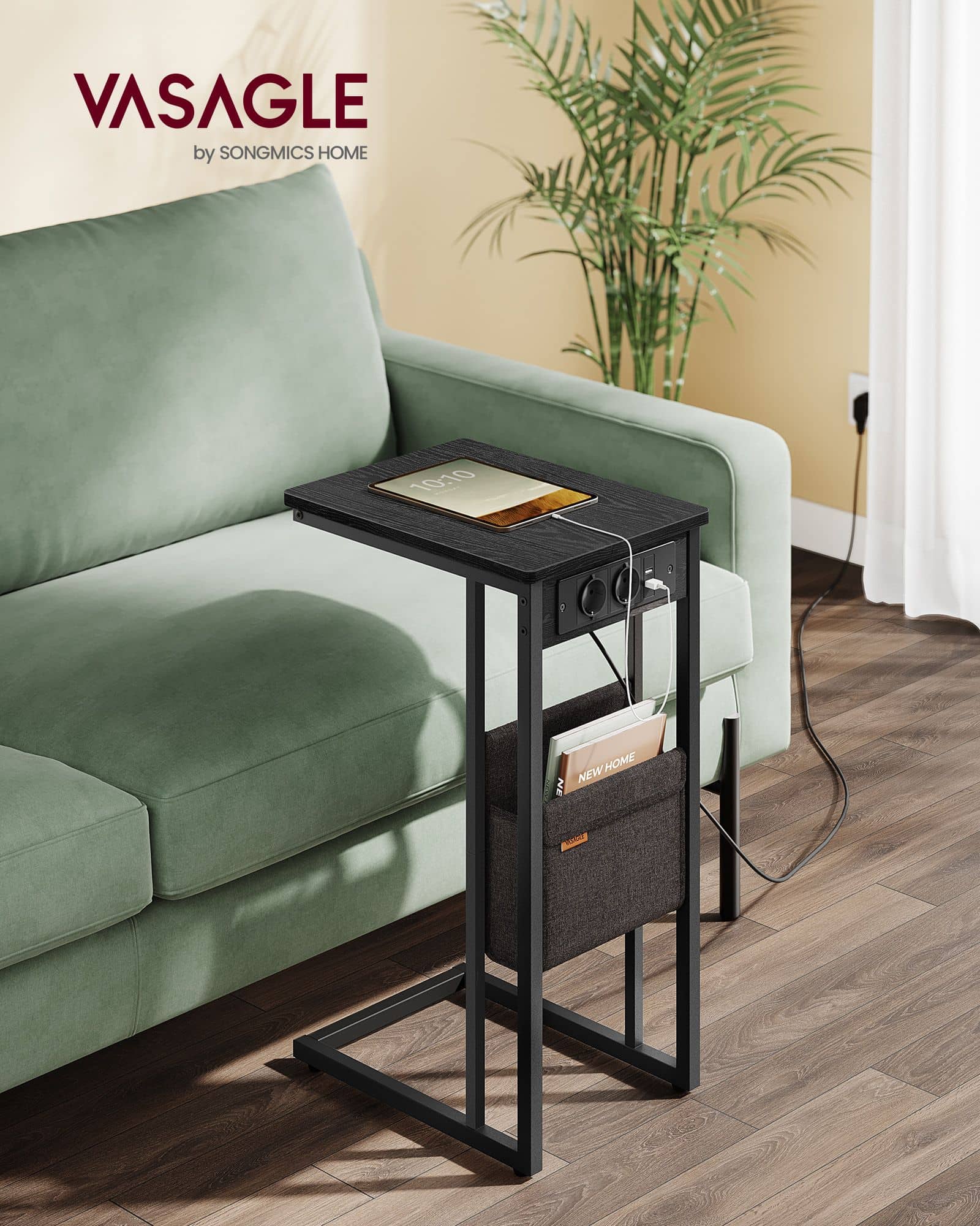 Beistelltisch C-Form mit 2 AC-Steckdosen ebenholzschwarz Beistelltisch C-Form mit 2 AC-Steckdosen ebenholzschwarz