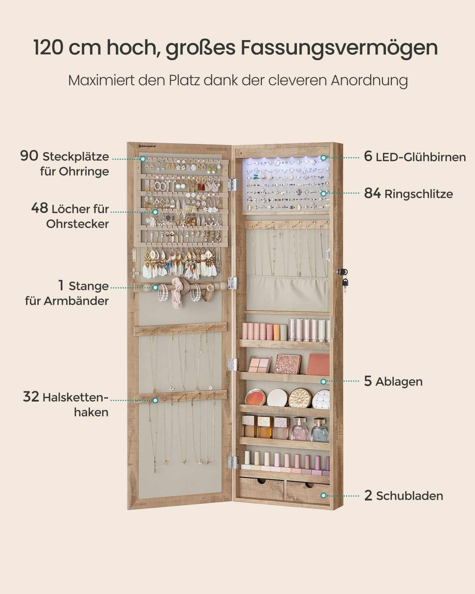 Schmuckschrank 120 cm hoch mit beleuchtetem Innenspiegel eichenbraun Schmuckschrank 120 cm hoch mit beleuchtetem Innenspiegel eichenbraun