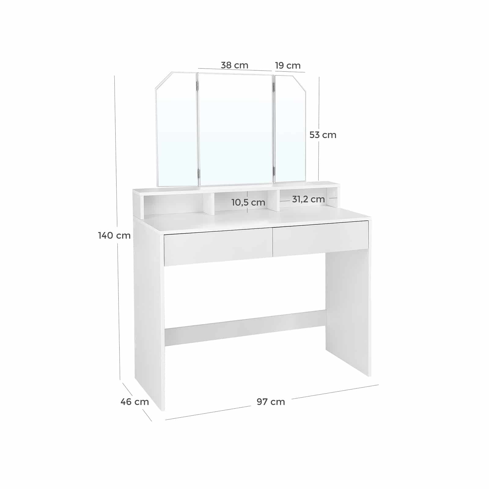 Frisiertisch mit Klappspiegel und 2 Schubladen Weiß-B34RDT115W01 Frisiertisch mit Klappspiegel und 2 Schubladen Weiß-B34RDT115W01