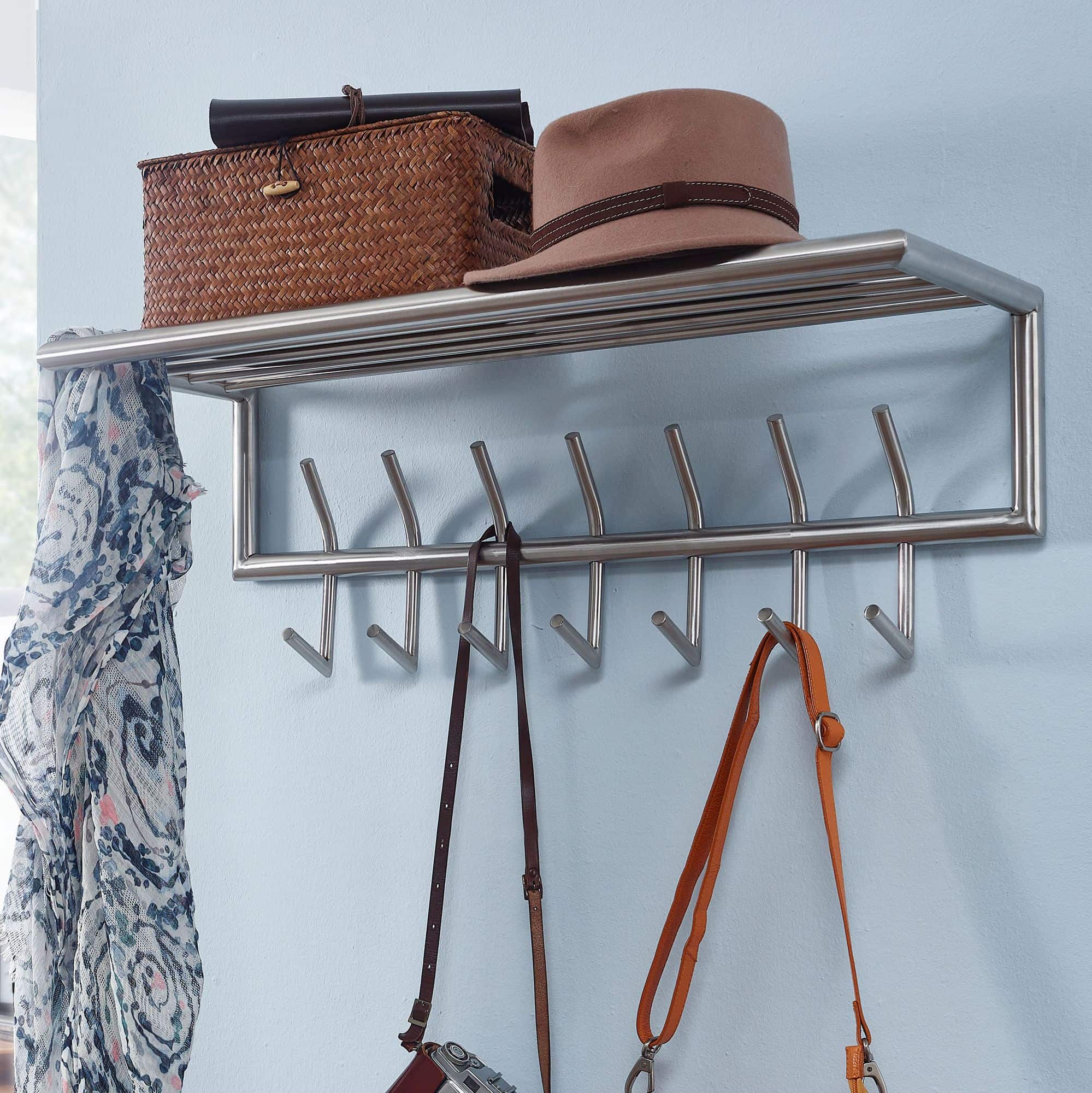63409-WOHNLING-Garderobe-Stahl-Matt-75x30x28-cm-WL6-448-WL6-448 Wandgarderobe Metall Silber 74,5x39x19,5 cm Flurgarderobe mit Ablage