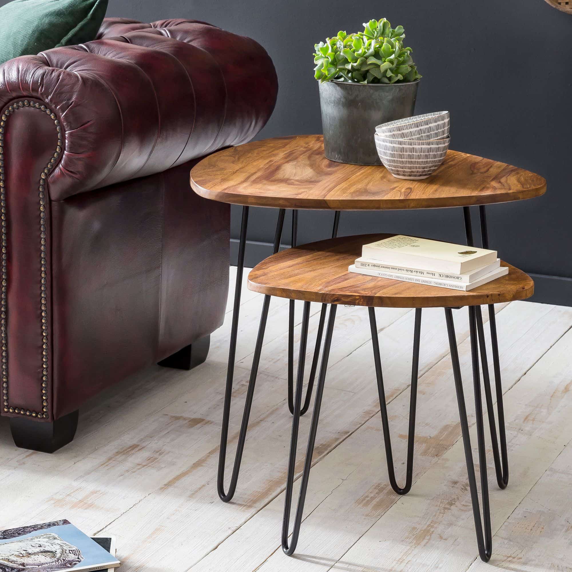 Design Satztisch WL5.659 Sheesham Metall Beistelltisch 2er Set Klein Design Satztisch WL5.659 Sheesham Metall Beistelltisch 2er Set Klein